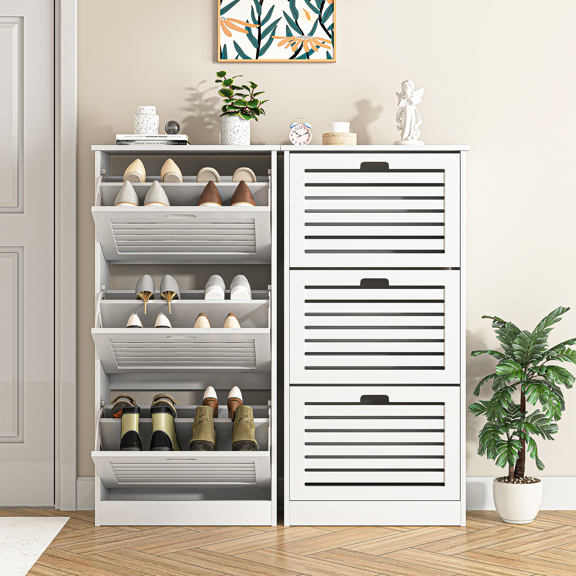 Spaco 3-Flip Drawers Freestanding Shoe Storage Cabinet Wood Slim Shoe Cupboard Organizer Unit for Entryway, White