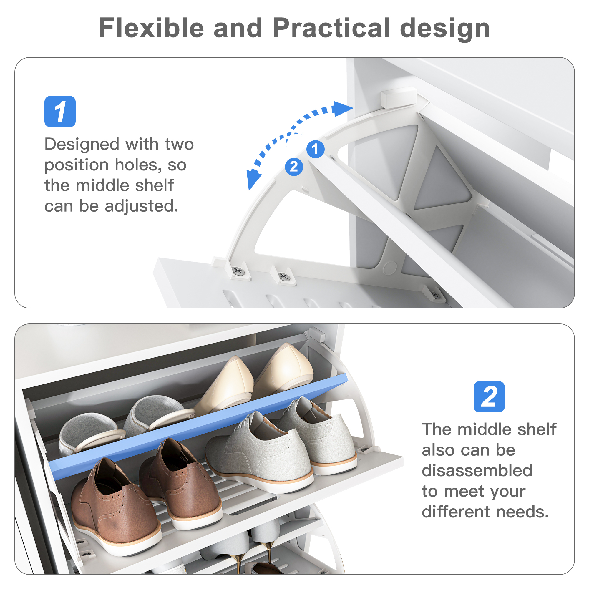 Spaco 3-Flip Drawers Freestanding Shoe Storage Cabinet Wood Slim Shoe Cupboard Organizer Unit for Entryway, White