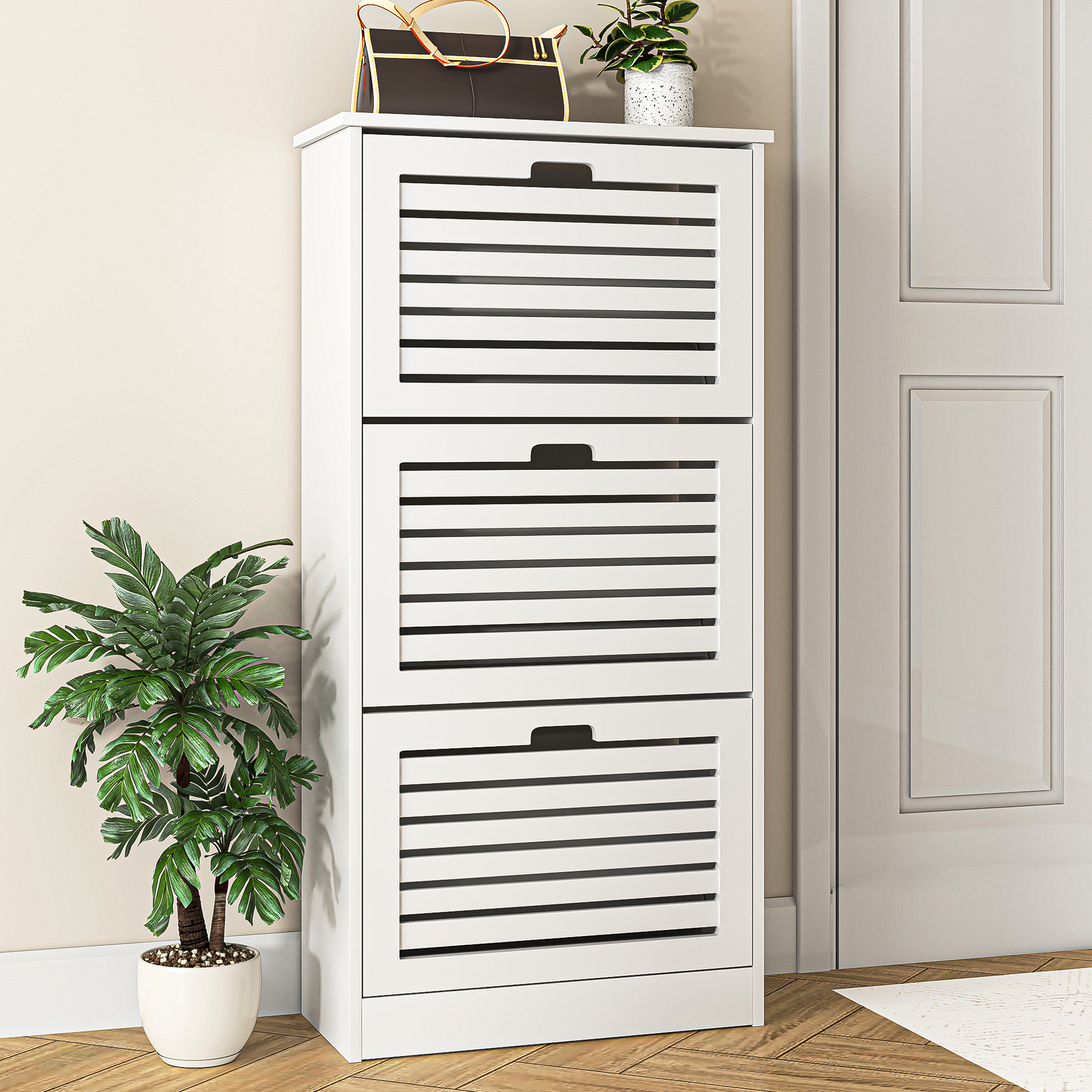 Spaco 3-Flip Drawers Freestanding Shoe Storage Cabinet Wood Slim Shoe Cupboard Organizer Unit for Entryway, White