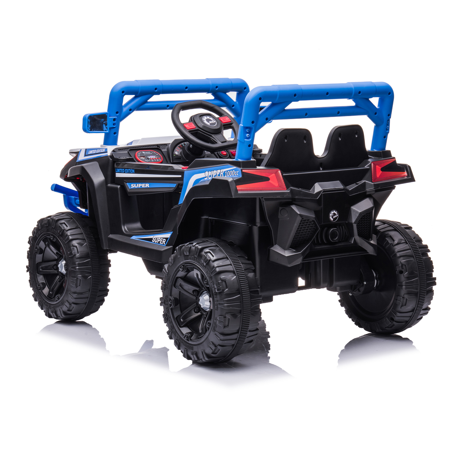 CIPACHO 12V Powered Ride Ons Four Wheel Drive Leather Electric Kids Car with R/C, Seat Belt four Wheel Absorber, Blue