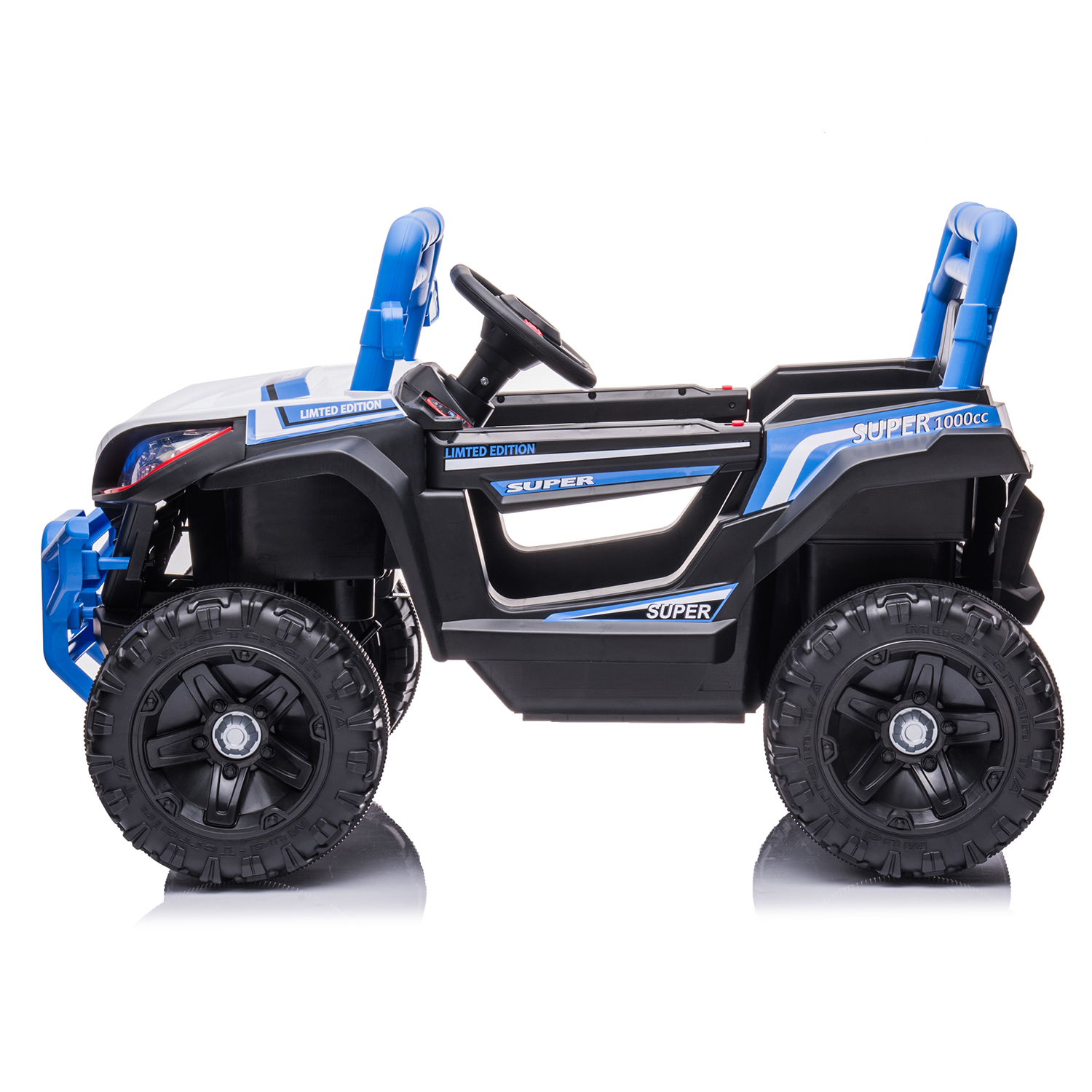 CIPACHO 12V Powered Ride Ons Four Wheel Drive Leather Electric Kids Car with R/C, Seat Belt four Wheel Absorber, Blue