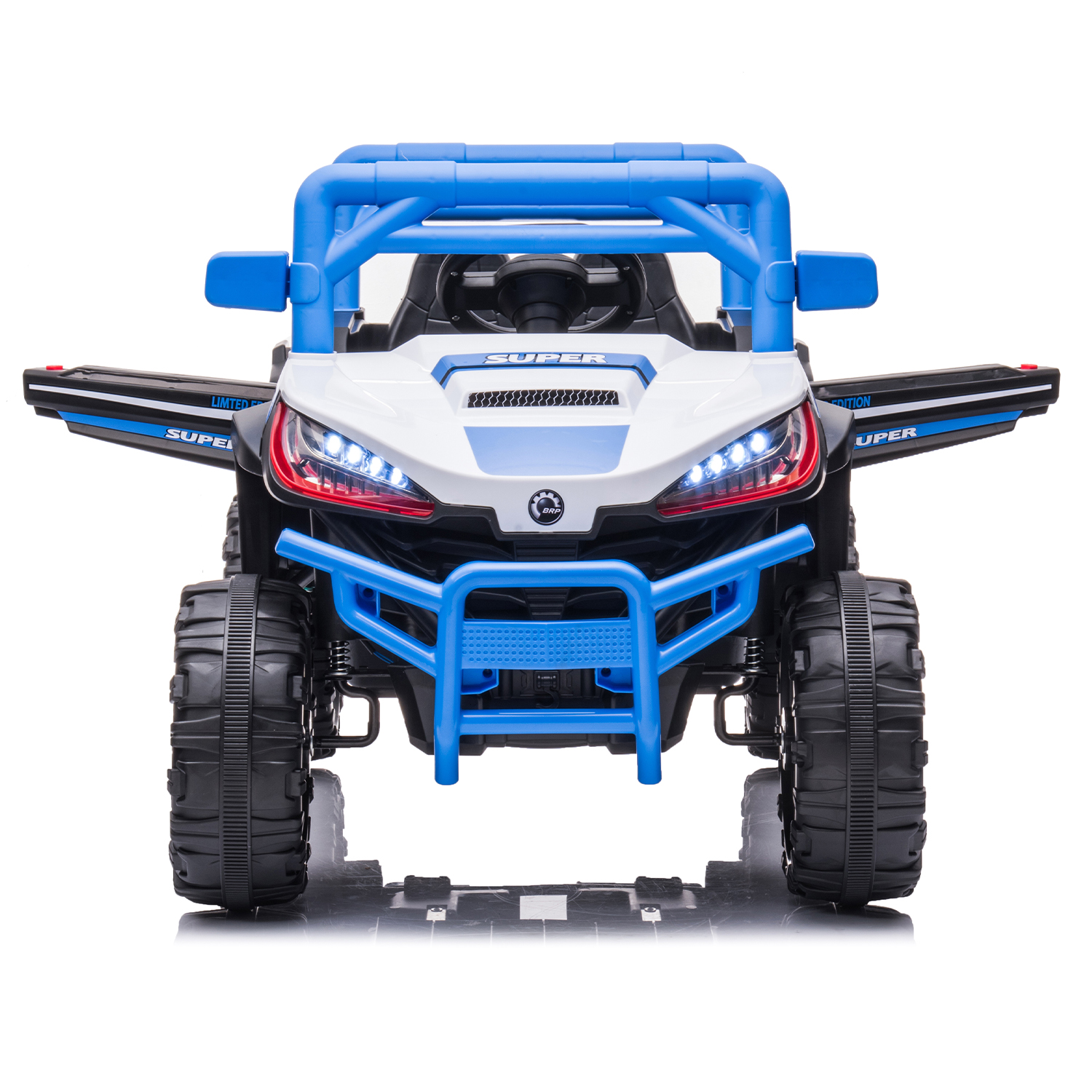 CIPACHO 12V Powered Ride Ons Four Wheel Drive Leather Electric Kids Car with R/C, Seat Belt four Wheel Absorber, Blue