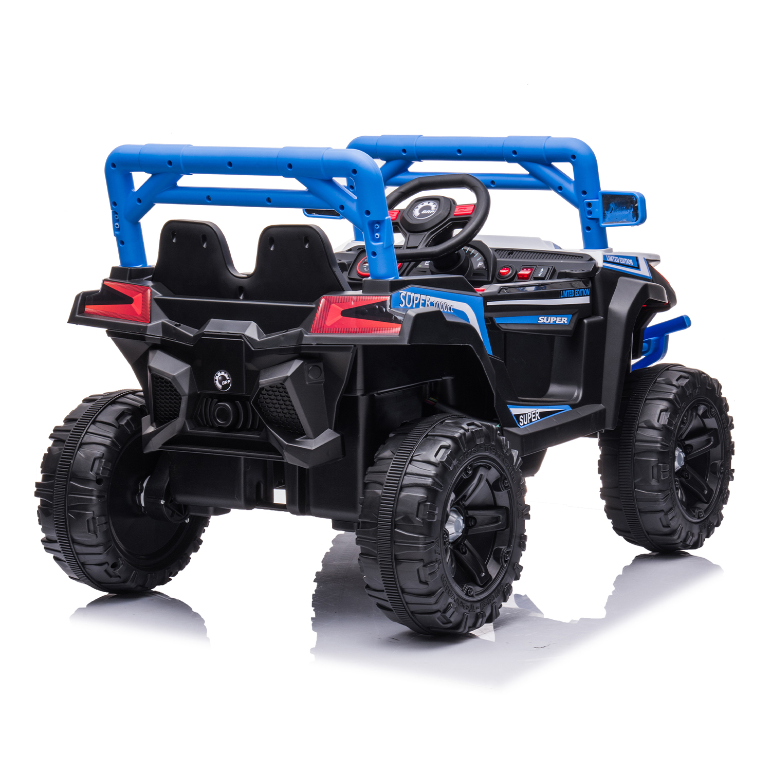 CIPACHO 12V Powered Ride Ons Four Wheel Drive Leather Electric Kids Car with R/C, Seat Belt four Wheel Absorber, Blue