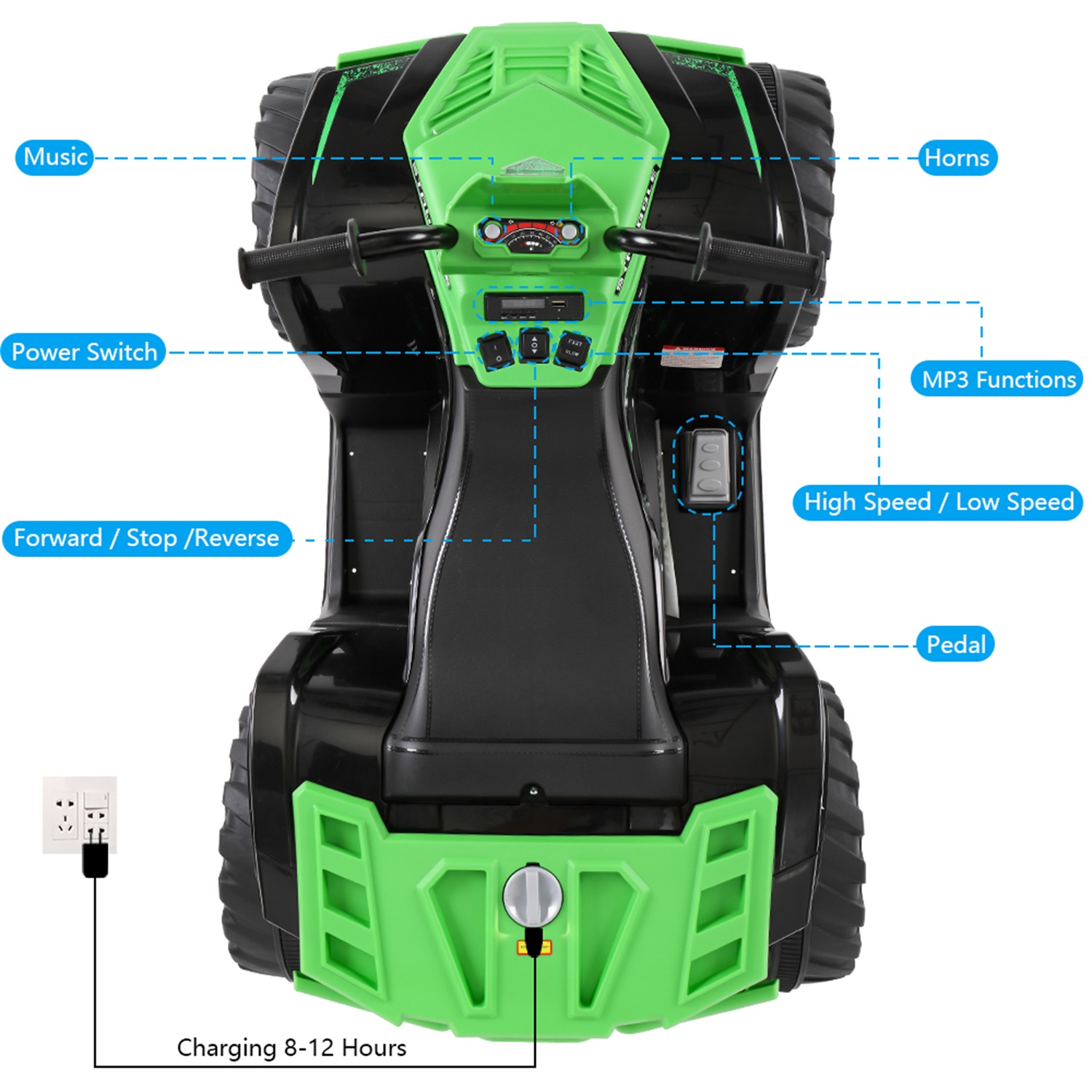 CIPACHO 12V ATV Dual Drive Battery Kids Ride On Cars without Remote Control with Slow Start, Green