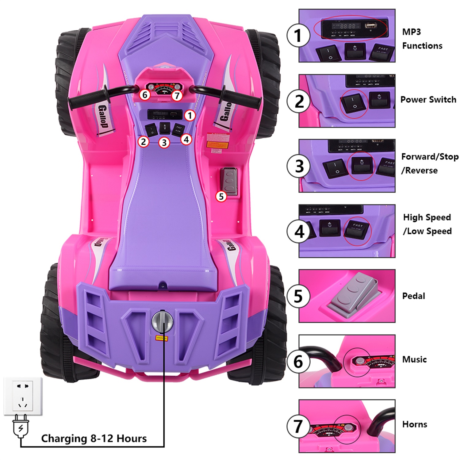 CIPACHO Kids Ride-on ATV 12V Battery Powered Four Wheeler Car with Music for 3 to 7 Years Old, Pink