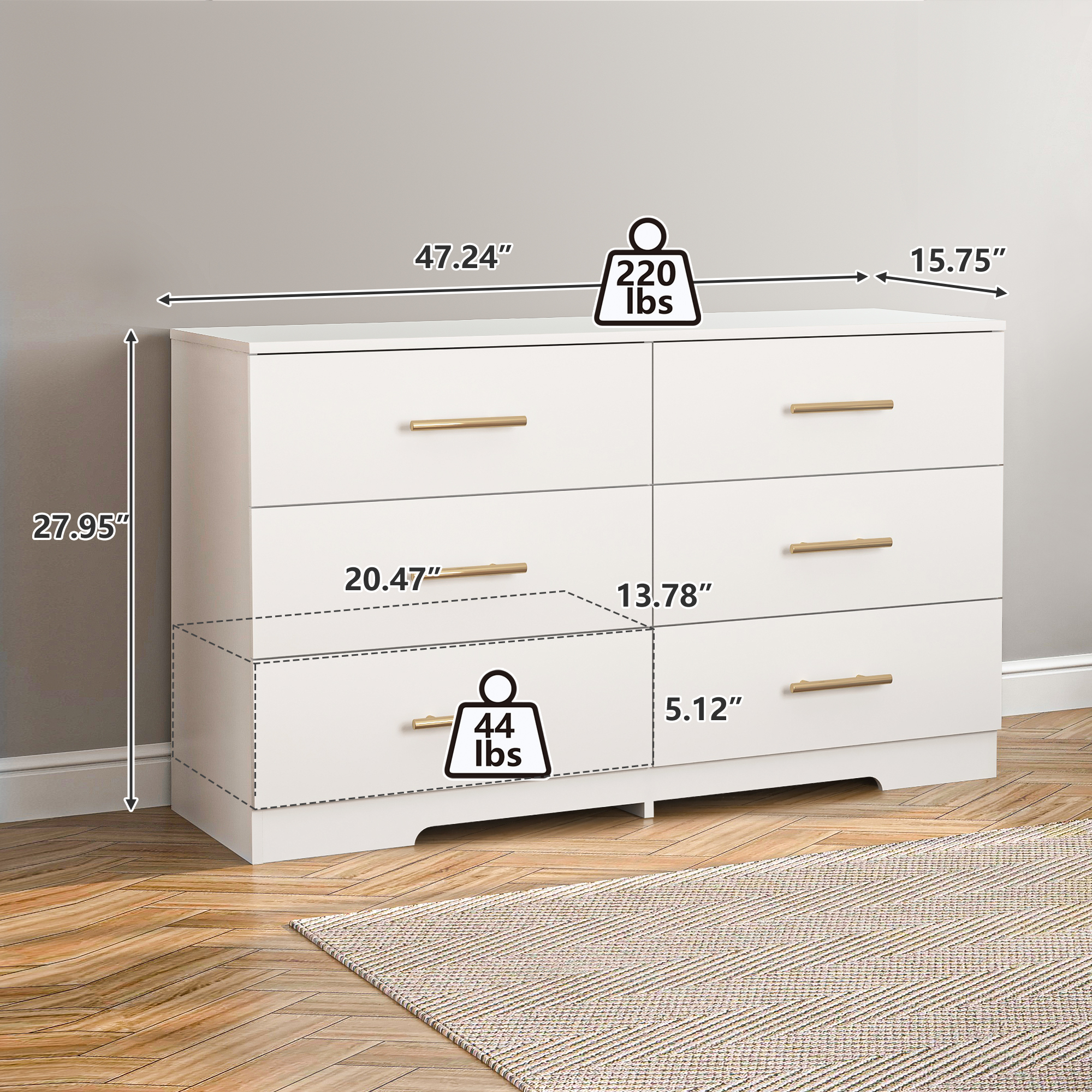 Spaco Dresser for Bedroom 6 Drawers Dresser Bedroom Furniture, White Dresser