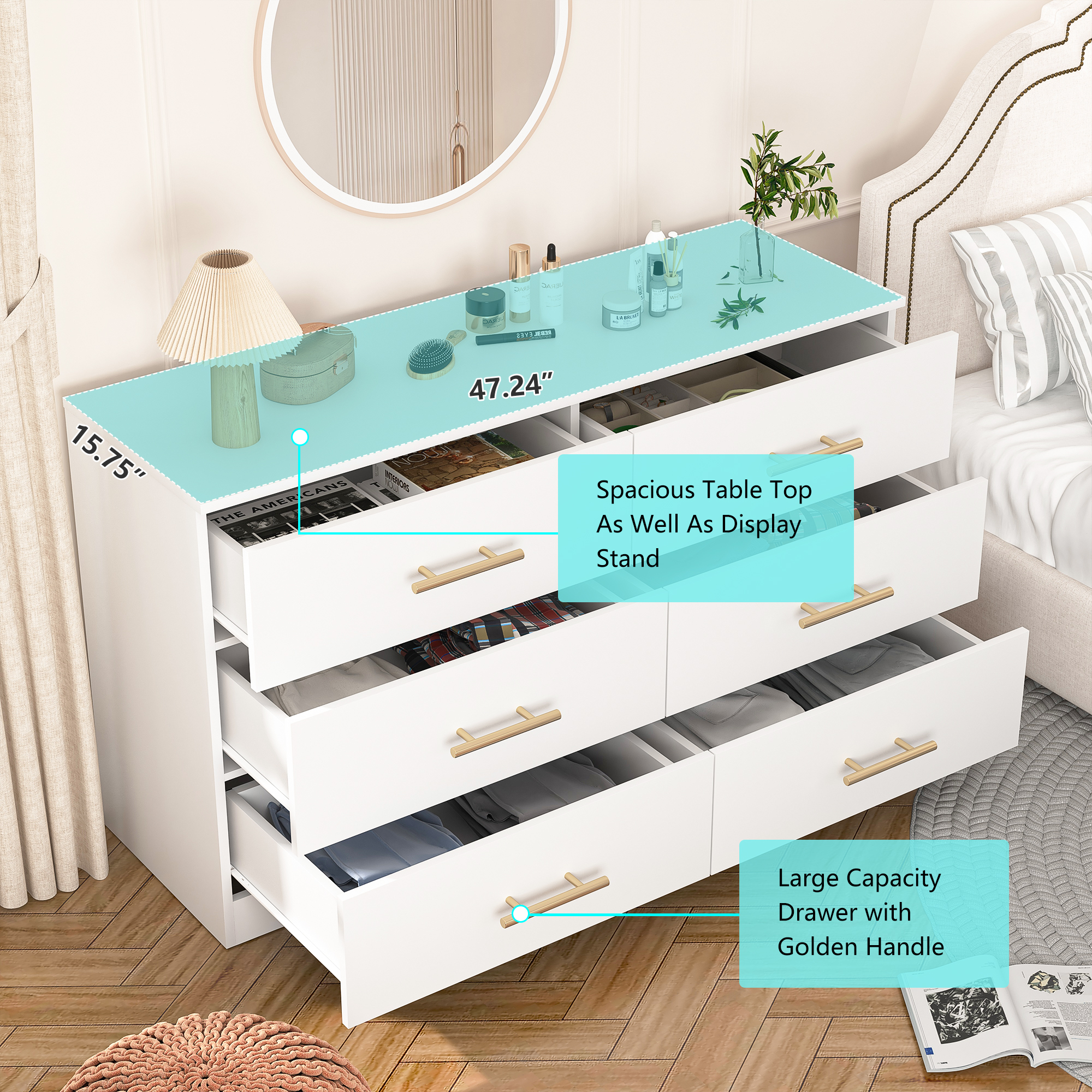 Spaco Dresser for Bedroom 6 Drawers Dresser Bedroom Furniture, White Dresser