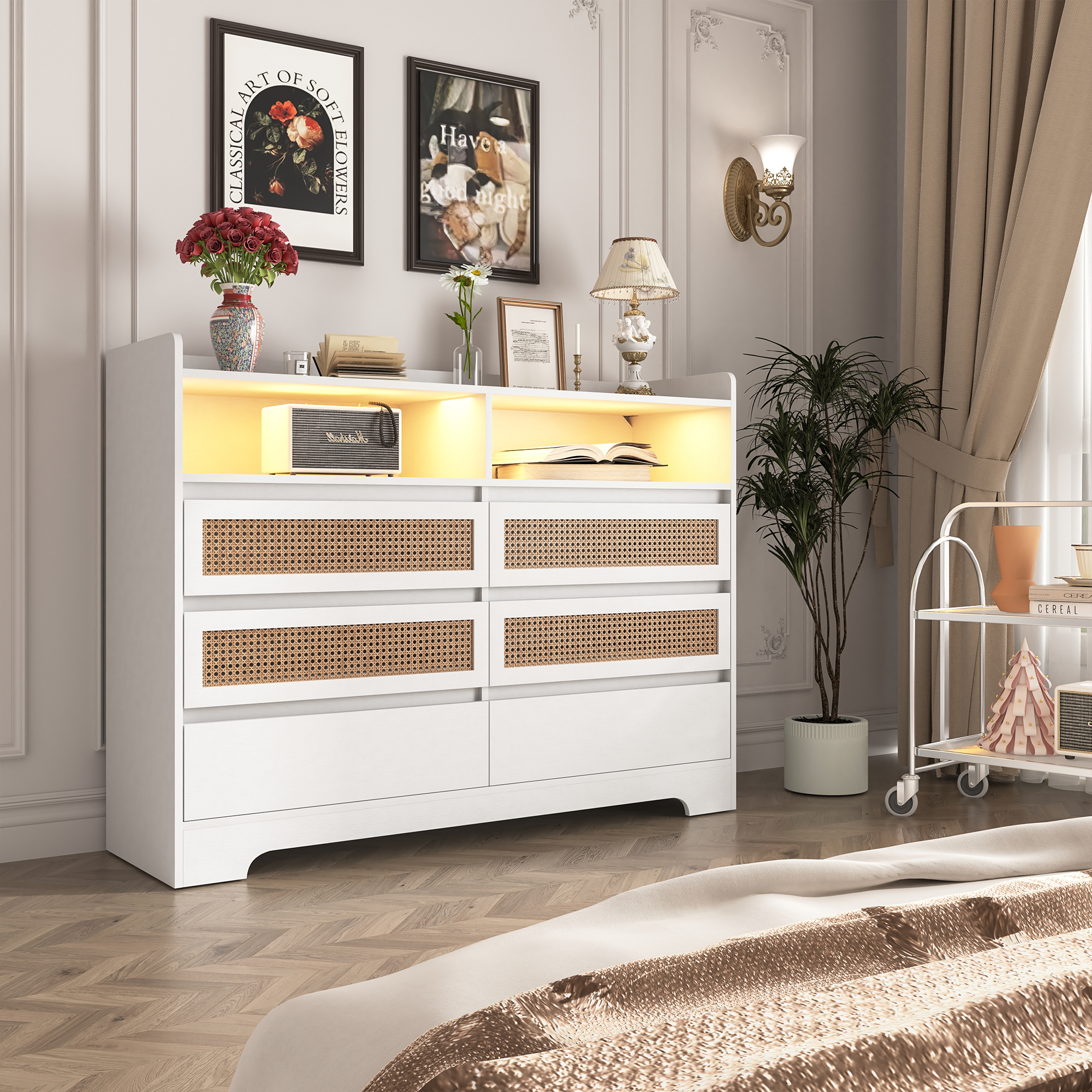 Spaco LED Rattan Dresser for Bedroom 6 Drawers Dresser Chest of Drawer Bedroom Furniture, White Dresser