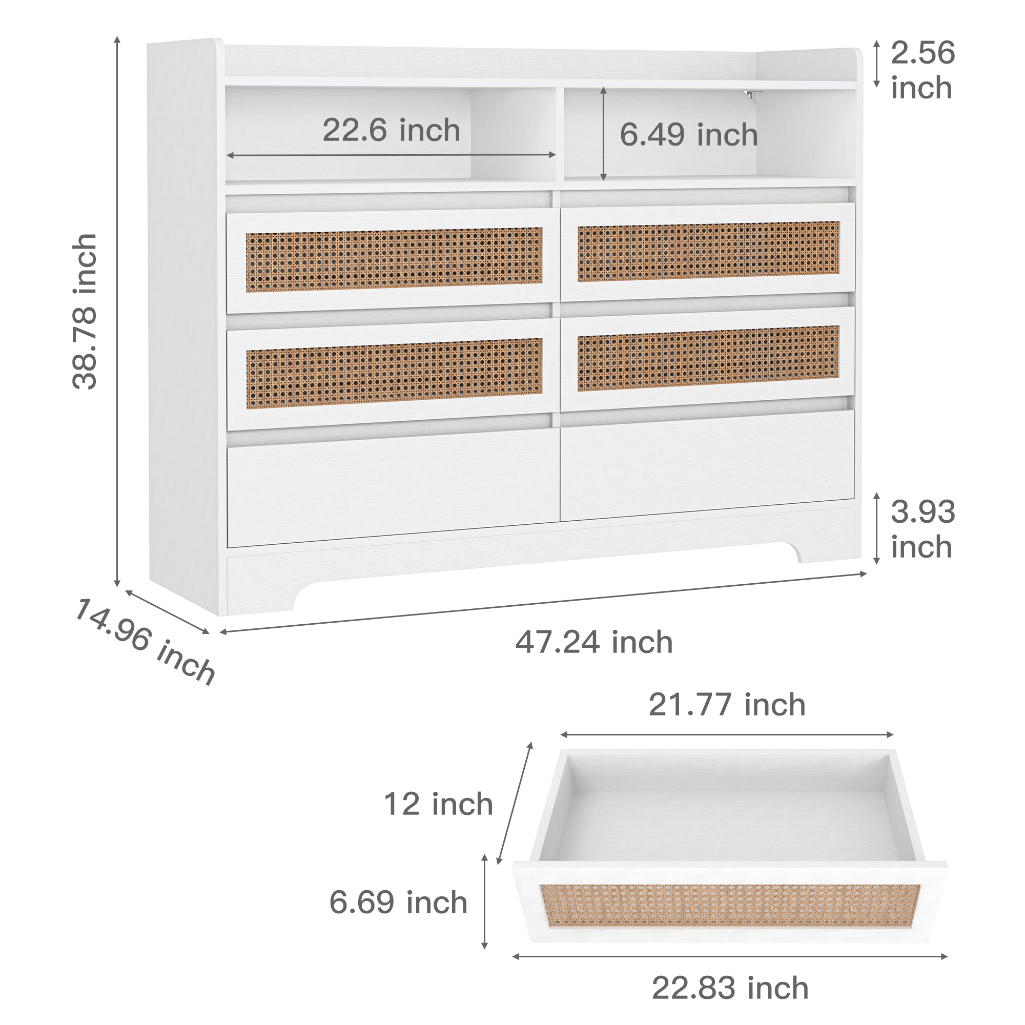 Spaco LED Rattan Dresser for Bedroom 6 Drawers Dresser Chest of Drawer Bedroom Furniture, White Dresser