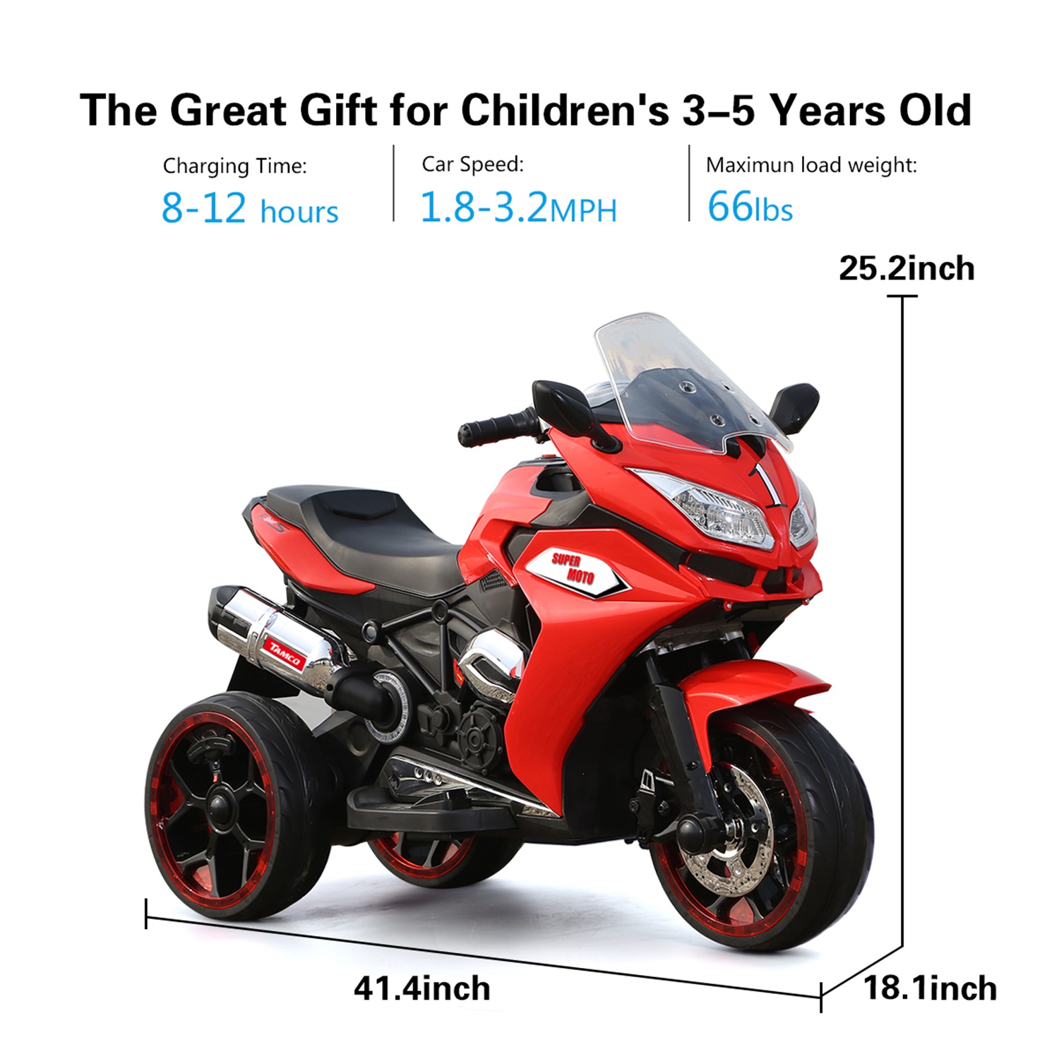 CIPACHO 12V Kids Electric Motorcycle, Electric Ride On Car Toys with 3 Lighting Wheels for Boys and Girls, Red