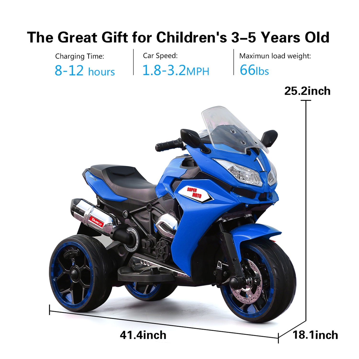 CIPACHO 12V Kids Electric Motorcycle, Electric Ride On Car Toys with 3 Lighting Wheels for Boys and Girls, Blue