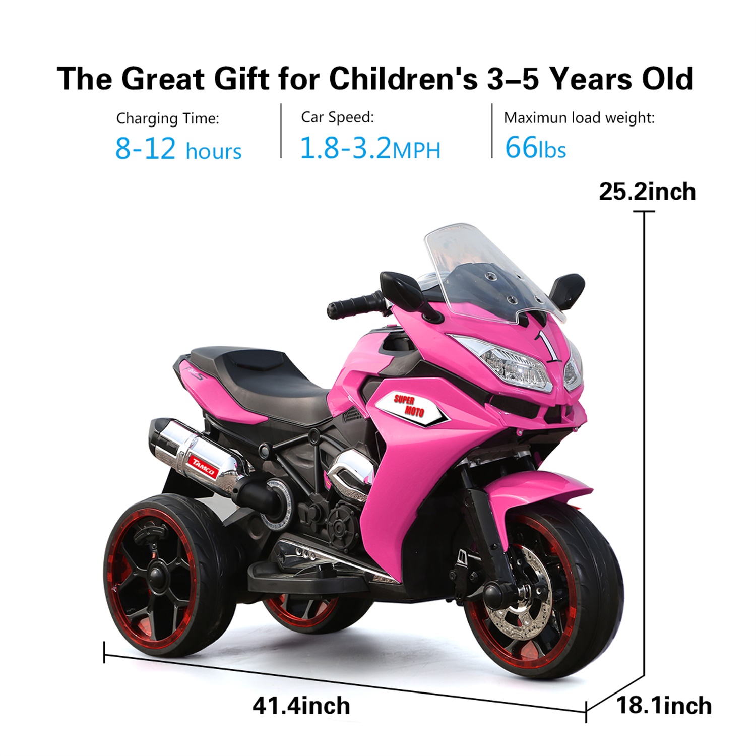 CIPACHO 12V Kids Electric Motorcycle, Electric Ride On Car Toys with 3 Lighting Wheels for Boys and Girls, Pink