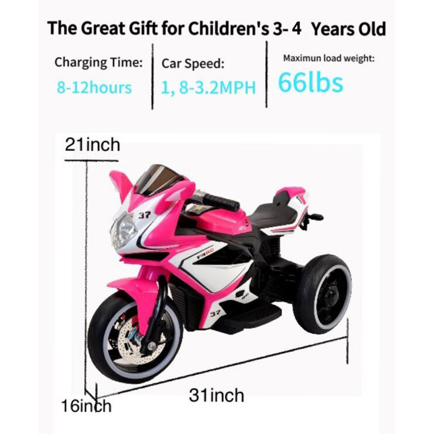 CIPACHO 6V Kids Electric Motorcycle Electric Ride On Car Toy for 3-4 Years Girl, Boys, Pink