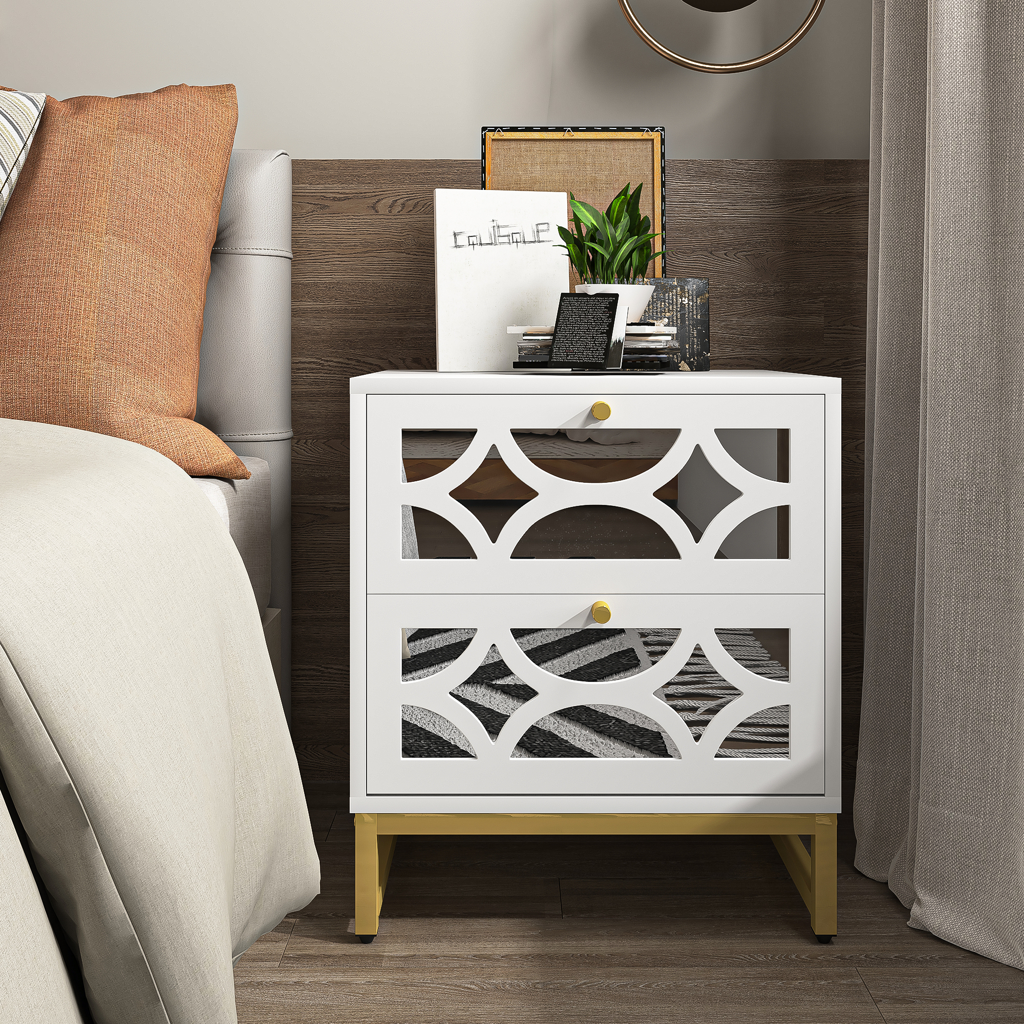 Spaco Modern Mirrored Nightstand with 2 Drawers for Bedroom Furniture Storage Bedside Table, White