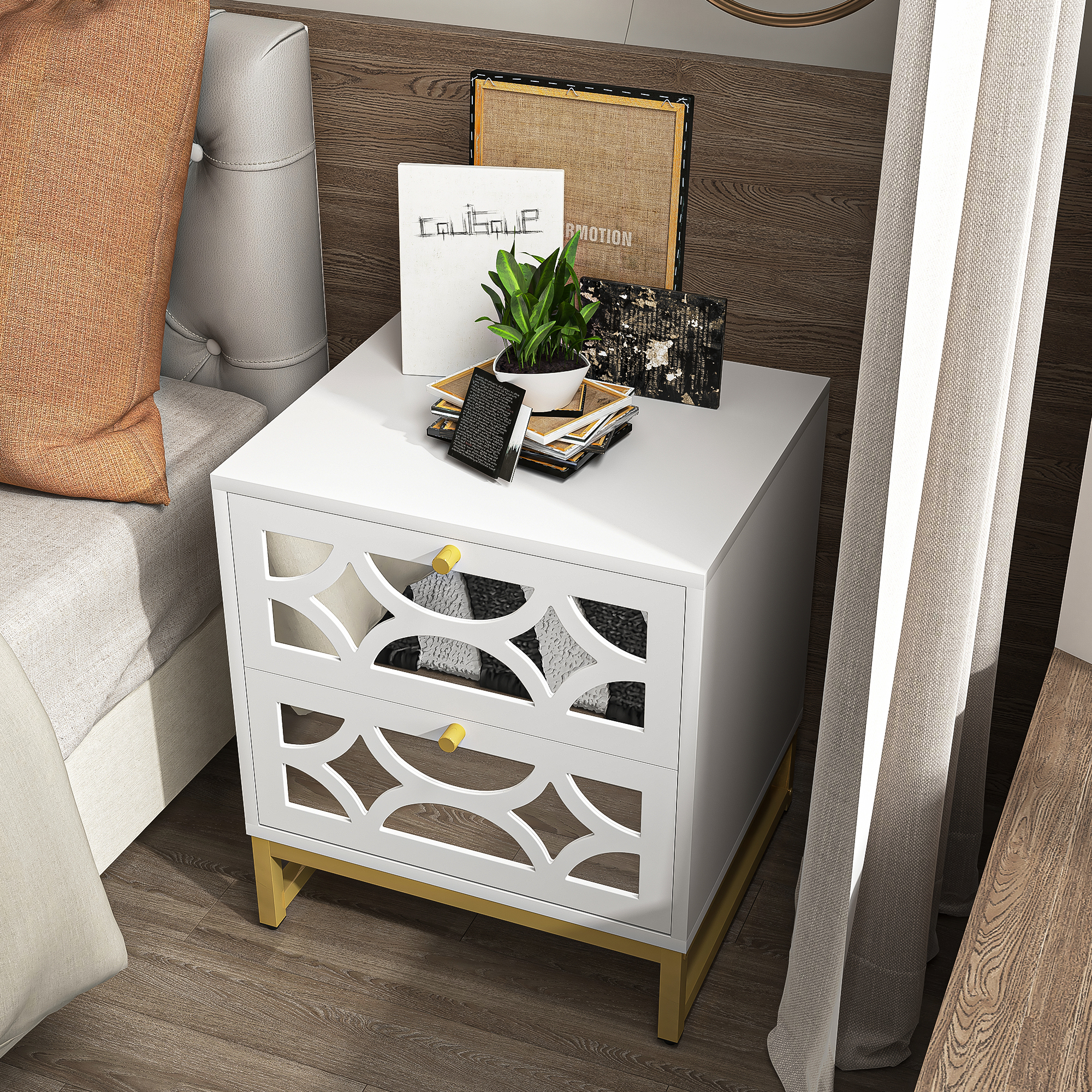 Spaco Modern Mirrored Nightstand with 2 Drawers for Bedroom Furniture Storage Bedside Table, White