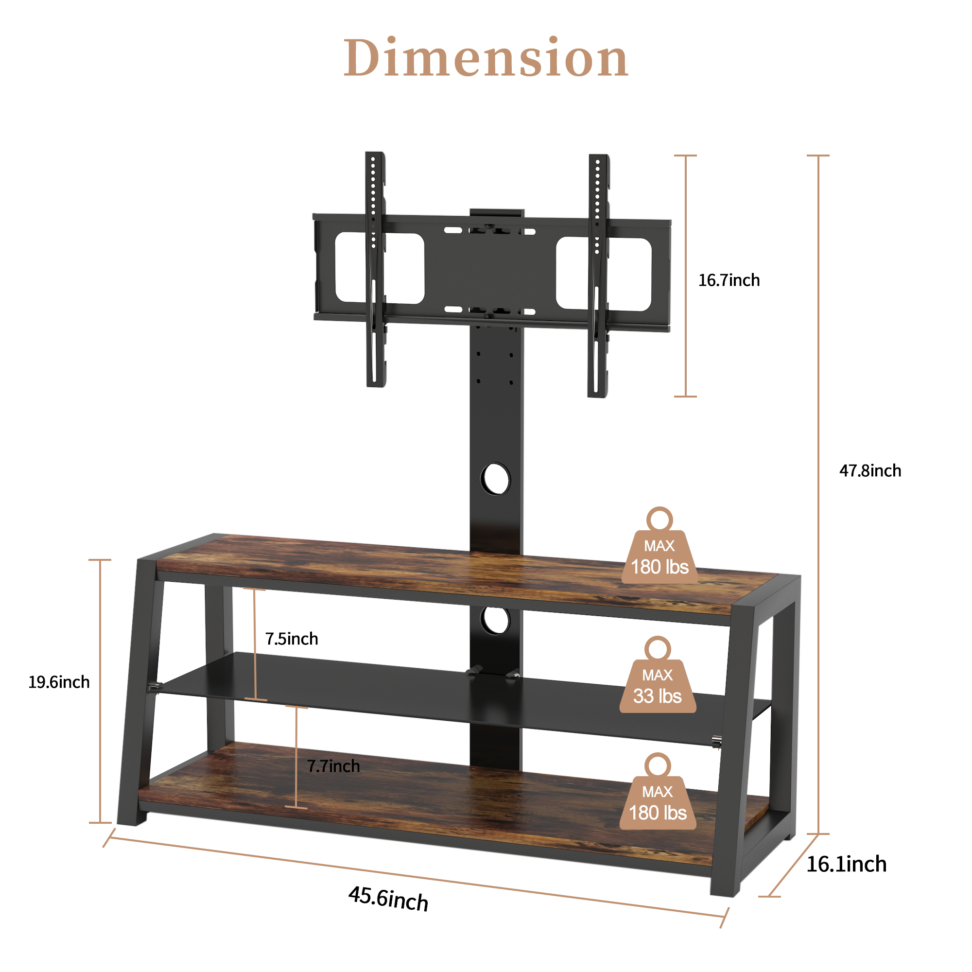 Spaco 3-Tier Entertainment Stand TV Stand for 65 Inch TVs Flat Panel with Mount, Brown