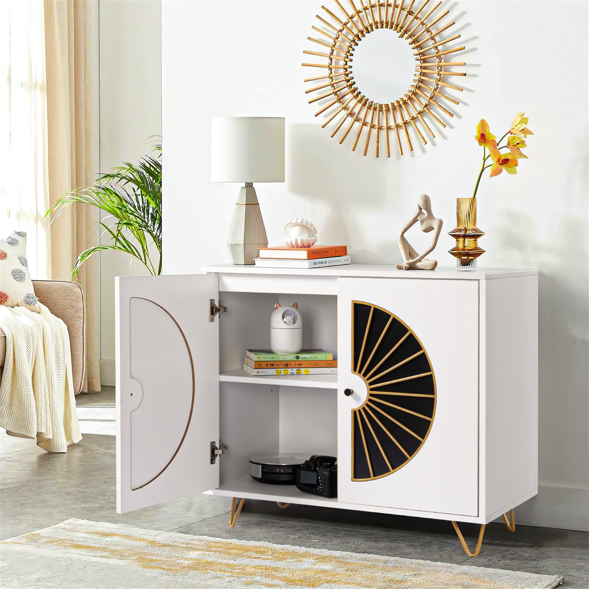 Spaco Mid-Century Storage Cabinet with 2 Door Accent Kitchen Organizer Sideboard Entryway Console, White