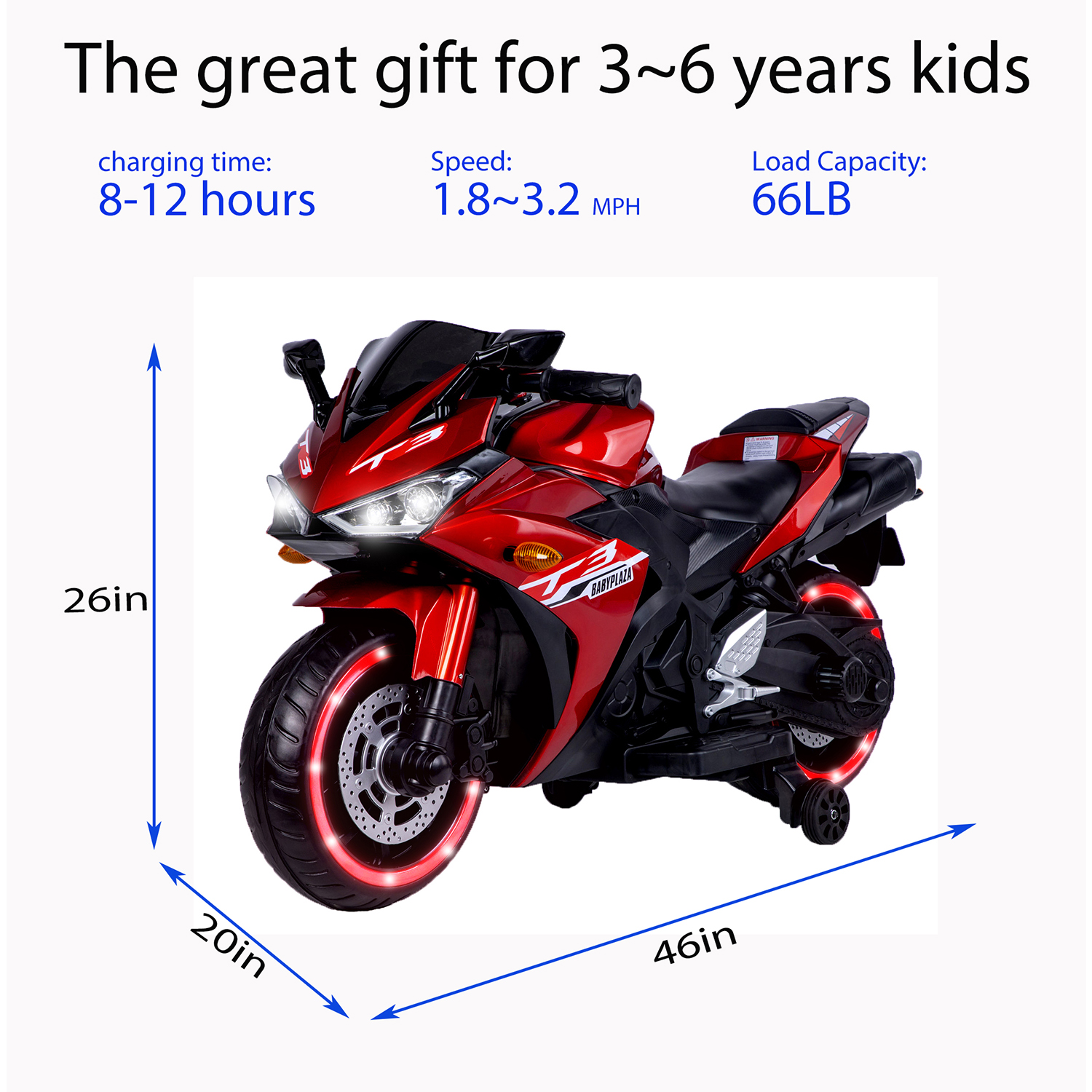 CIPACHO Kids Motorcycle 12V Powered Ride Ons for 3-6 Years Electric Kids Car Toys with Lightting Wheels, Red