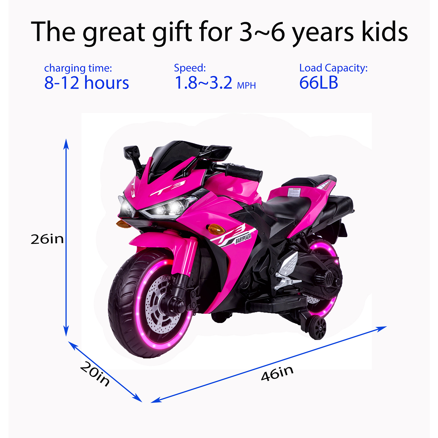 CIPACHO Kids Motorcycle 12V Powered Ride Ons for 3-6 Years Electric Kids Car Toys with Lightting Wheels, Pink