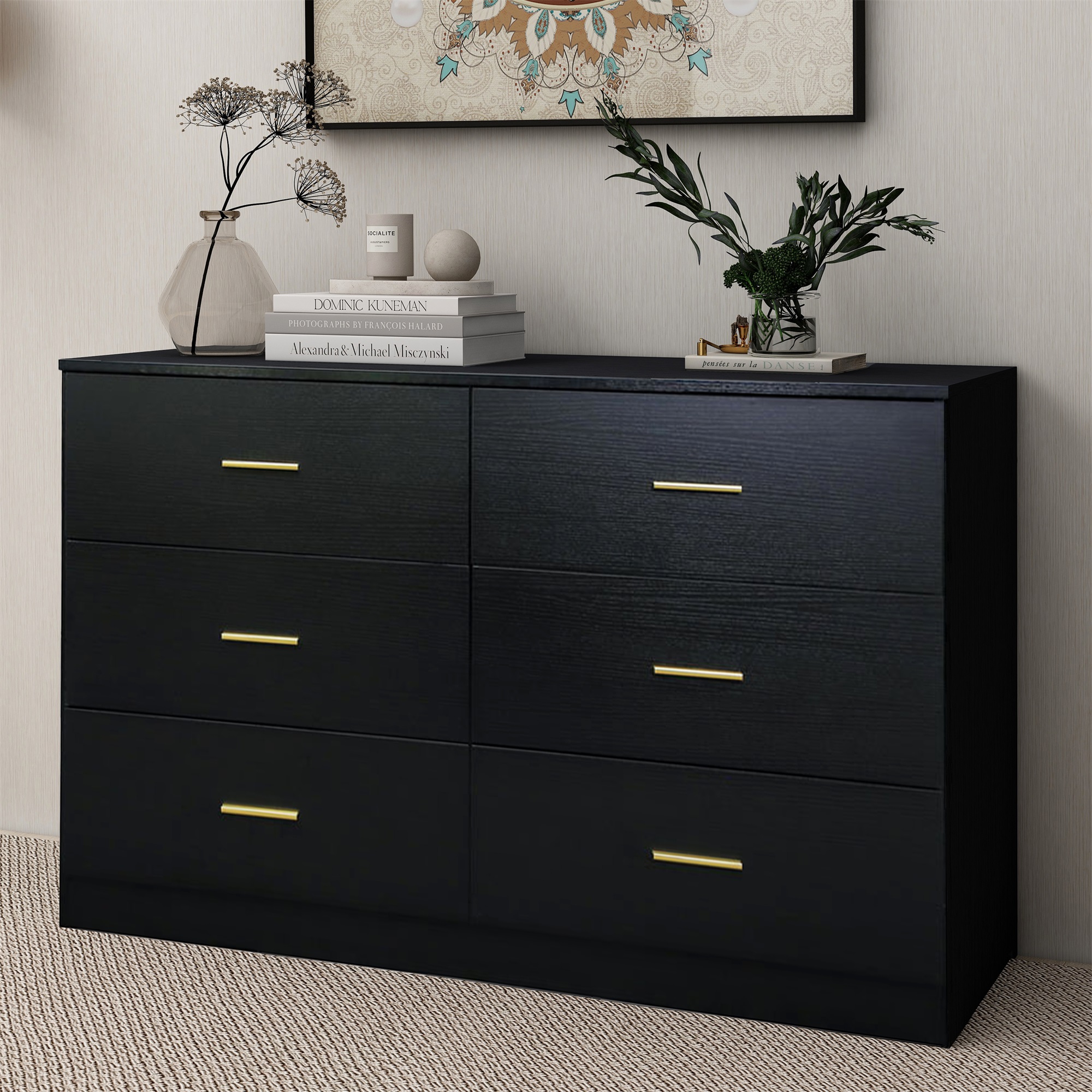 Spaco Dresser for Bedroom 6 Drawers Dresser Chest of Drawer Bedroom Furniture, Black Dresser