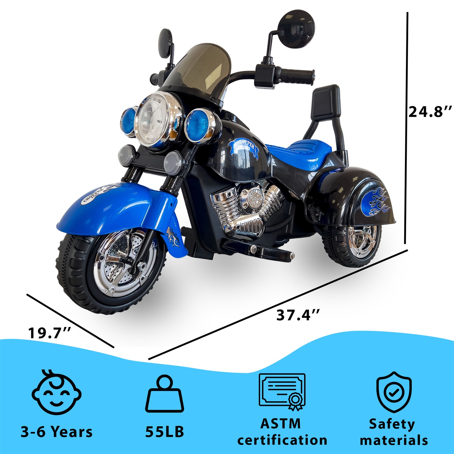 CIPACHO 6V Powered Ride Ons Motorcycle Harley, 3-Wheel Chopper Motorbike with LED Colorful Headlights for Boys Girls, Blue