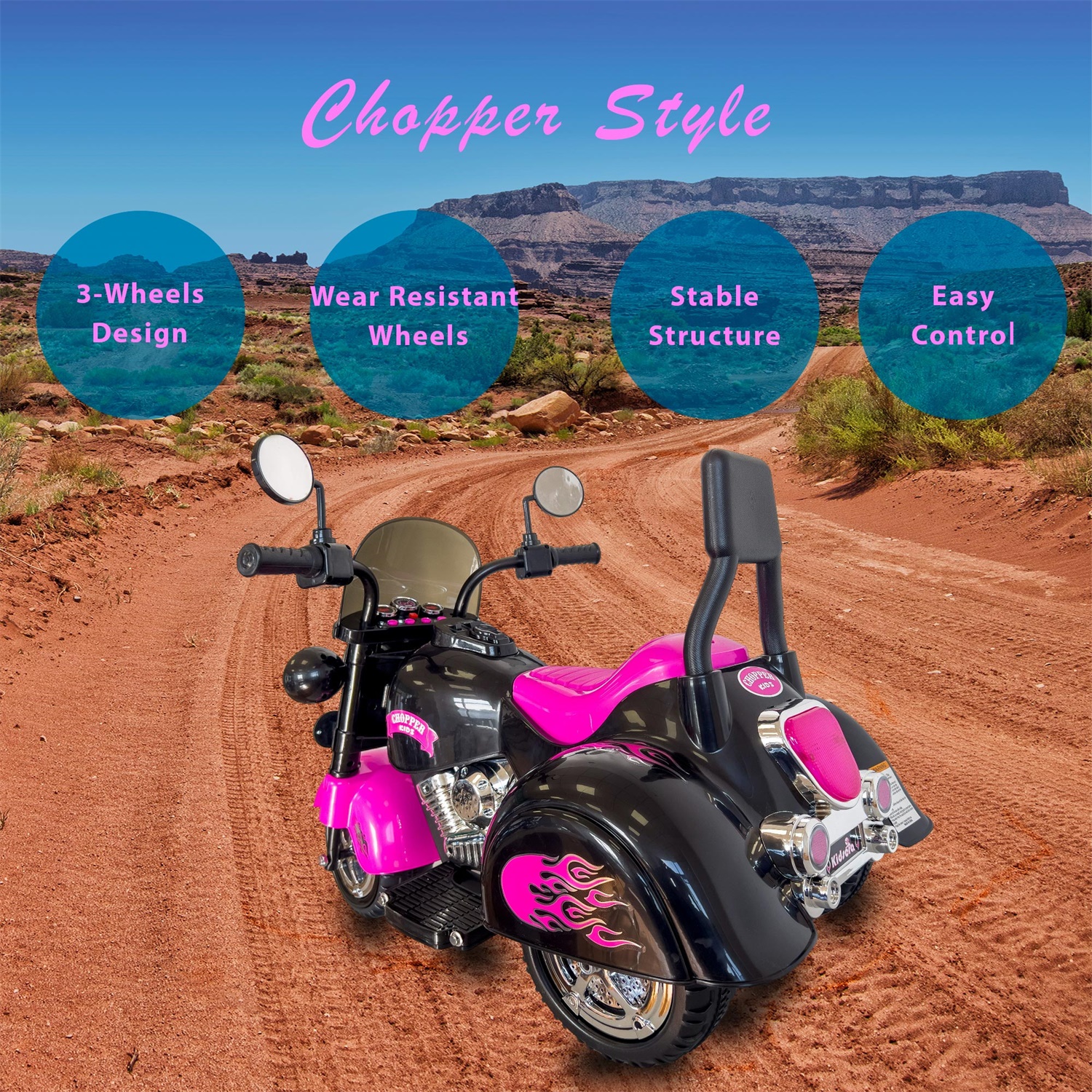 CIPACHO 6V Powered Ride Ons Motorcycle Harley, 3-Wheel Chopper Motorbike with LED Colorful Headlights for Boys Girls, Pink