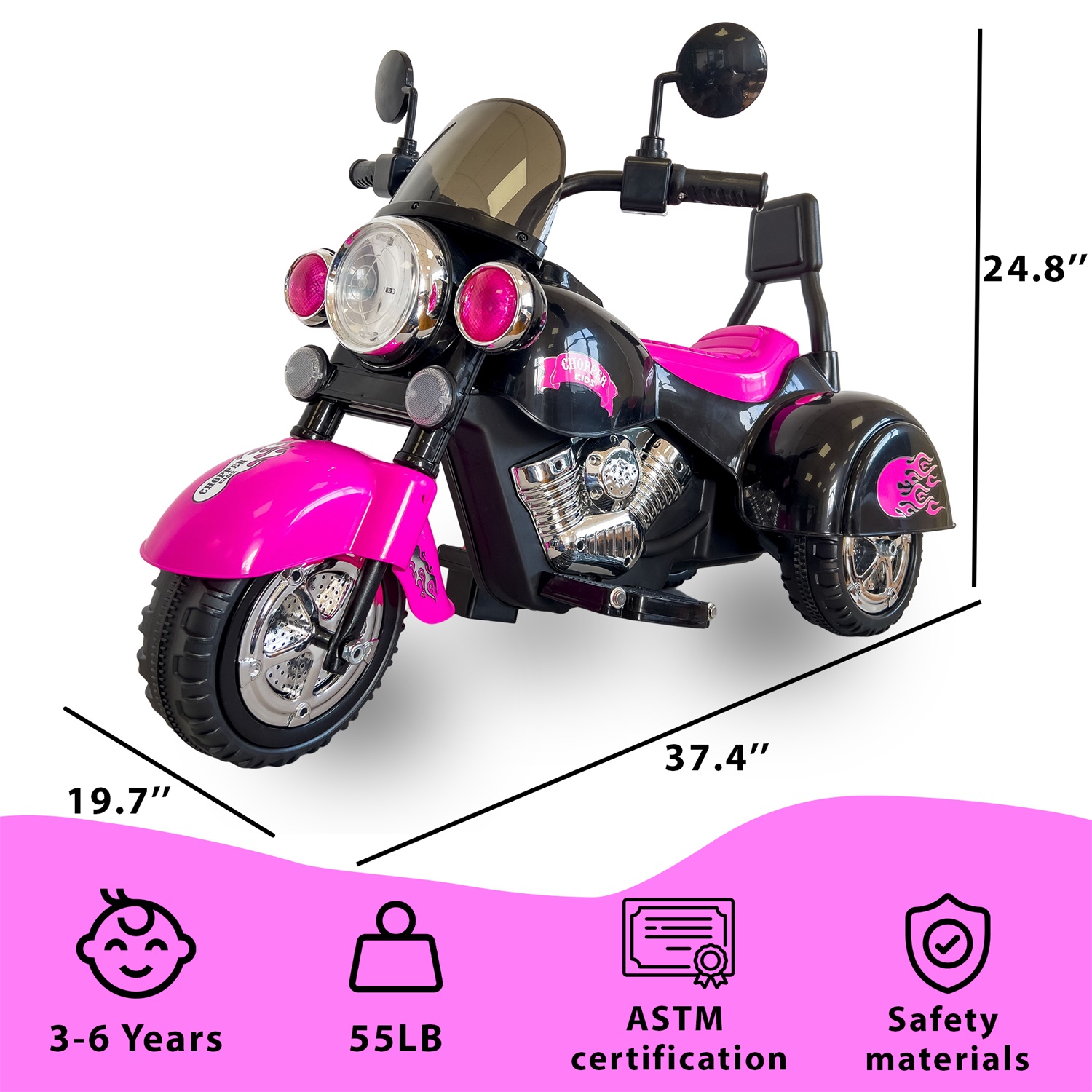 CIPACHO 6V Powered Ride Ons Motorcycle Harley, 3-Wheel Chopper Motorbike with LED Colorful Headlights for Boys Girls, Pink