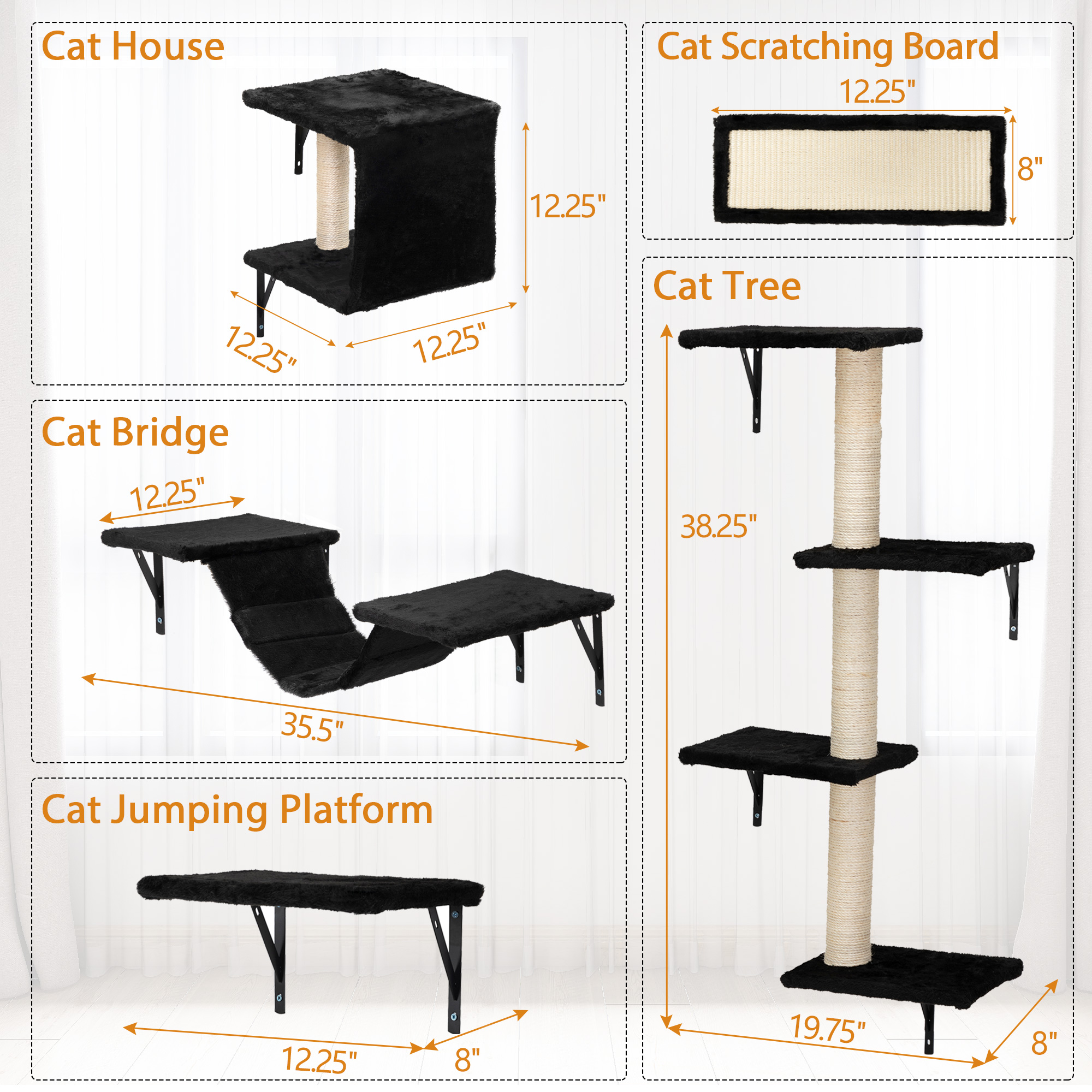 Spaco Set of 5 Cat Wall Shelves and Perches Sleeping Playing Lounging Climbing Cat Tree House for Multiple Cats, Black