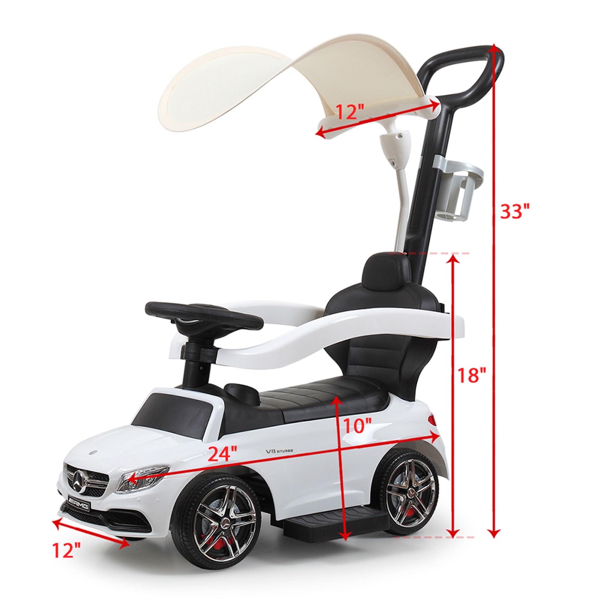 Spaco 3-in-1 Mercedes Licensed Kids Ride On Push Car Child Walker Stroller with Handle Cape, White