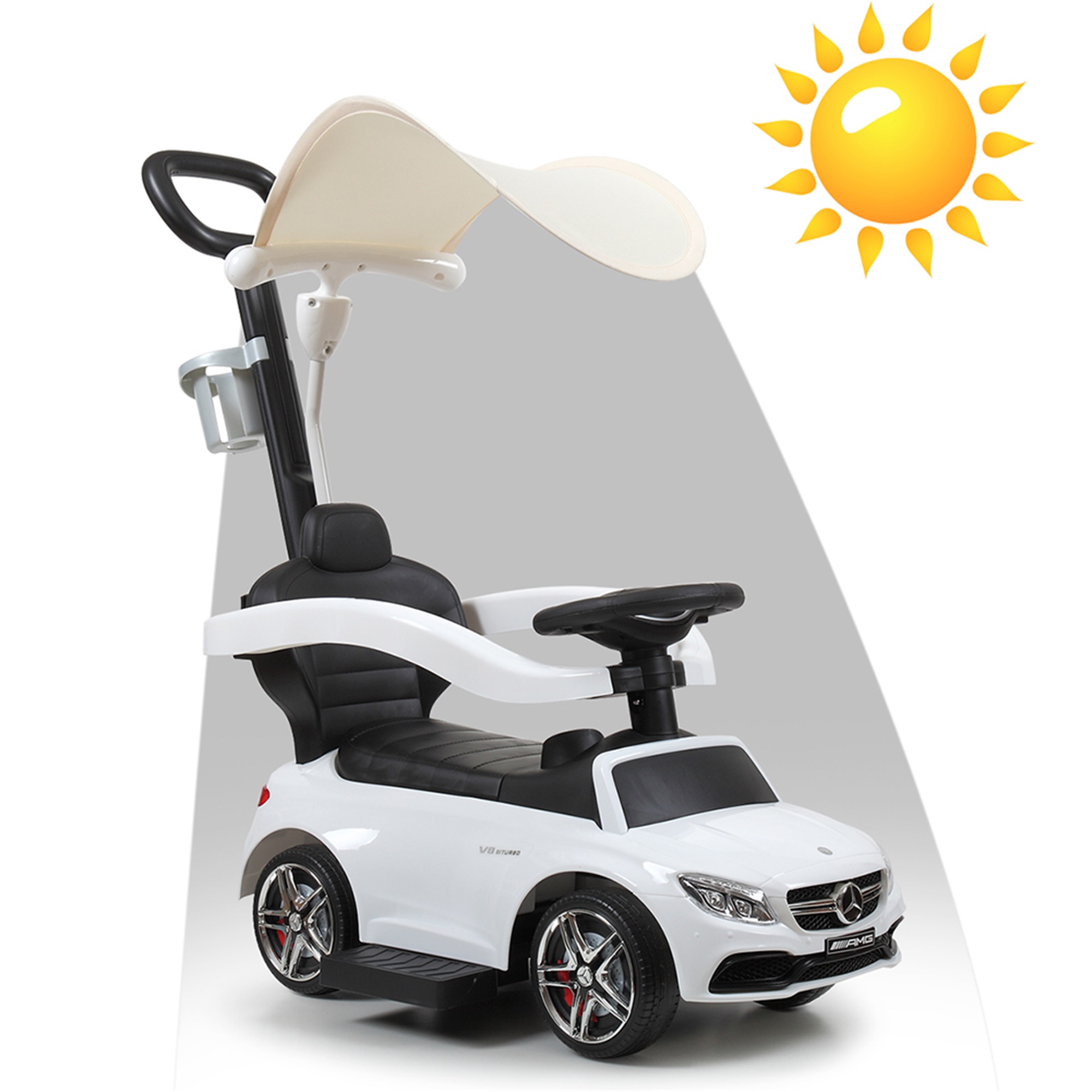 Spaco 3-in-1 Mercedes Licensed Kids Ride On Push Car Child Walker Stroller with Handle Cape, White