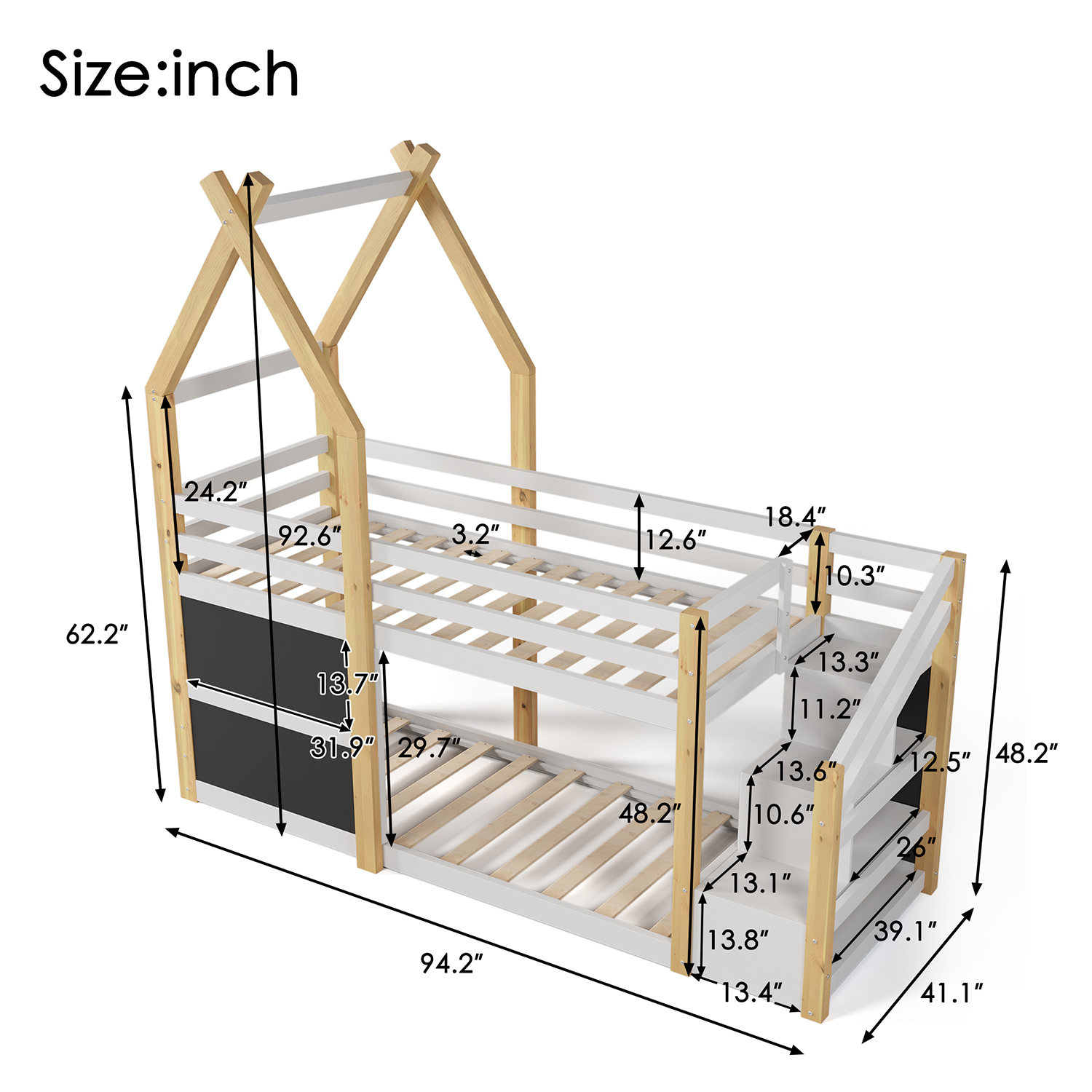 Kepooman Twin over Twin House Bunk Bed with White Storage Staircase and Blackboard, White Kepooman Twin over Twin House Bunk Bed with White Storage Staircase and Blackboard, White