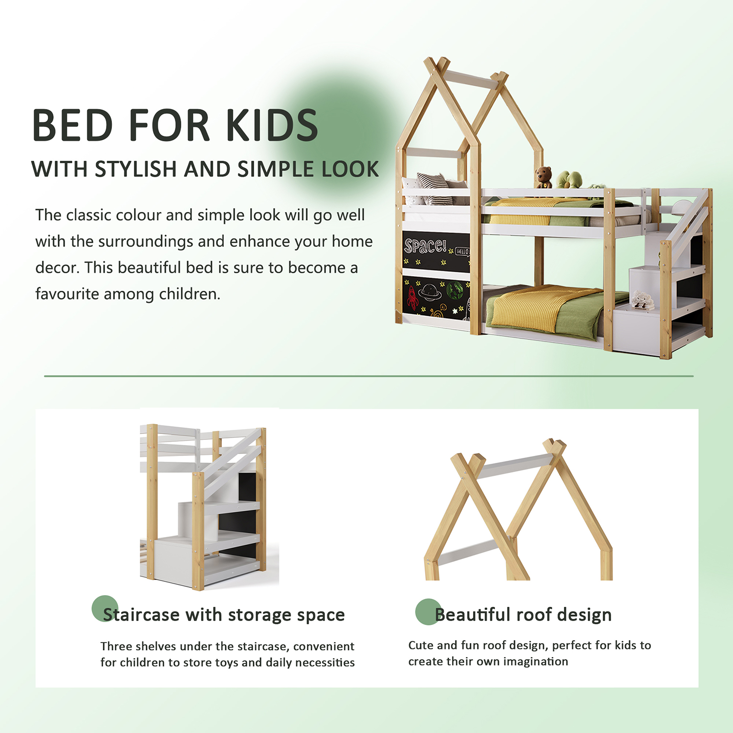 Spaco Bunk Bed Frame with Storage Stairs, House Bunk Bed Twin Over Twin for Boys Girls, Kids, White and Natural