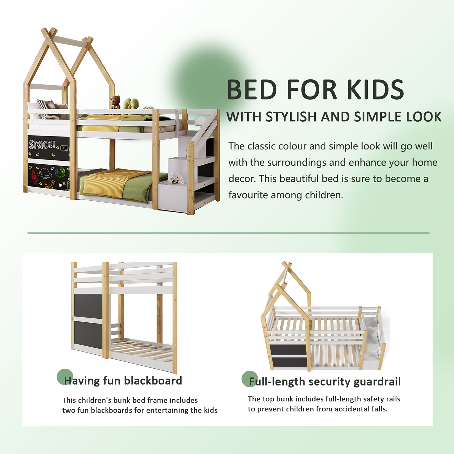 Kepooman Twin over Twin House Bunk Bed with White Storage Staircase and Blackboard, White Kepooman Twin over Twin House Bunk Bed with White Storage Staircase and Blackboard, White