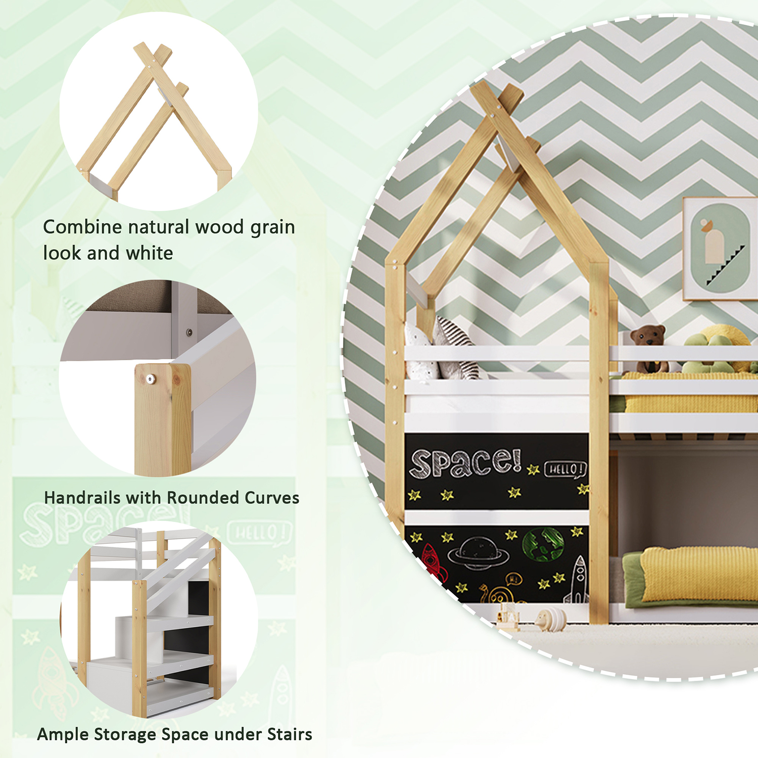 Kepooman Twin over Twin House Bunk Bed with White Storage Staircase and Blackboard, White Kepooman Twin over Twin House Bunk Bed with White Storage Staircase and Blackboard, White