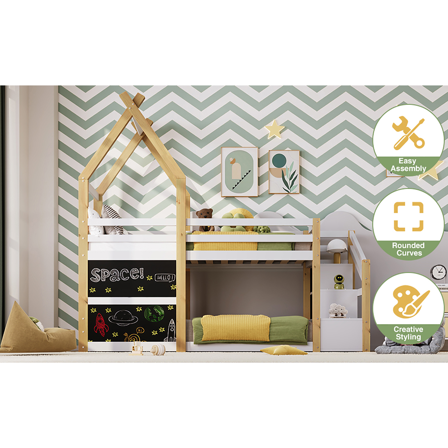 Kepooman Twin over Twin House Bunk Bed with White Storage Staircase and Blackboard, White Kepooman Twin over Twin House Bunk Bed with White Storage Staircase and Blackboard, White