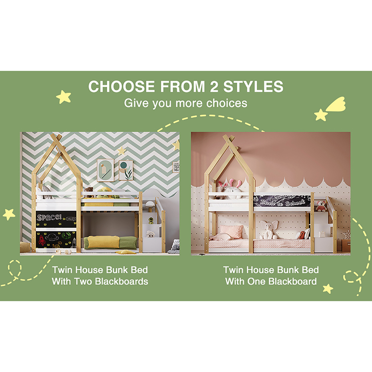 Kepooman Twin over Twin House Bunk Bed with White Storage Staircase and Blackboard, White Kepooman Twin over Twin House Bunk Bed with White Storage Staircase and Blackboard, White