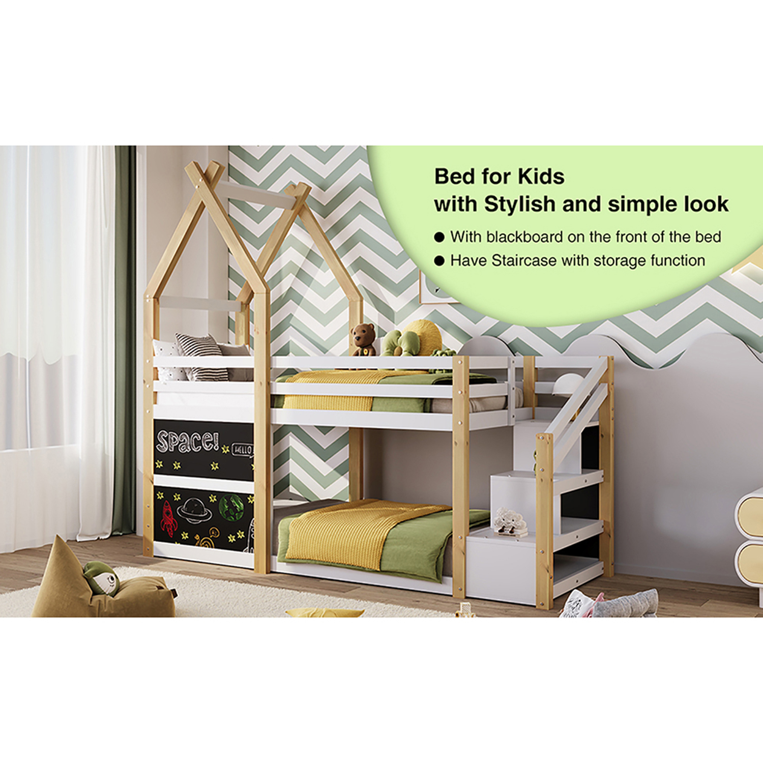 Kepooman Twin over Twin House Bunk Bed with White Storage Staircase and Blackboard, White Kepooman Twin over Twin House Bunk Bed with White Storage Staircase and Blackboard, White
