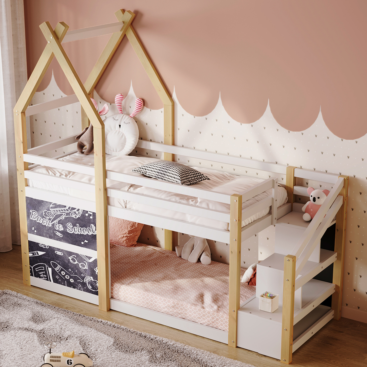 Kepooman Twin over Twin House Bunk Bed with White Storage Staircase and Blackboard, White Kepooman Twin over Twin House Bunk Bed with White Storage Staircase and Blackboard, White