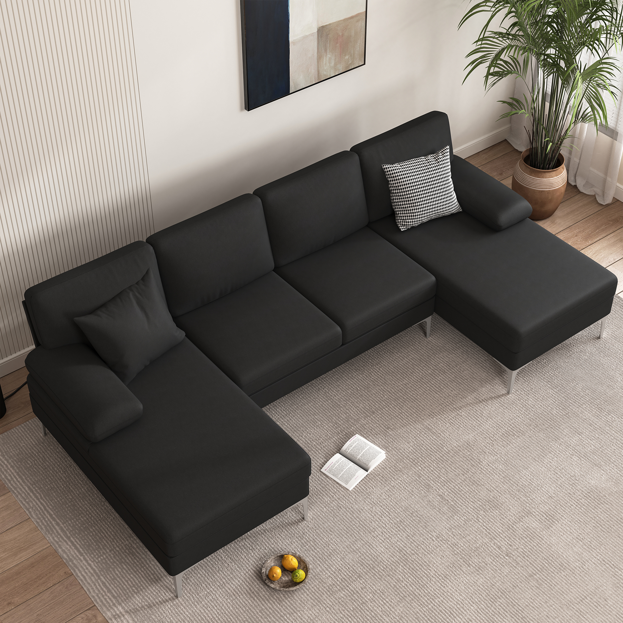 Spaco Mid-Modern Century U-Shape Sofa Sectional Couch Reversible Chenille Chaise Sleeper, Black