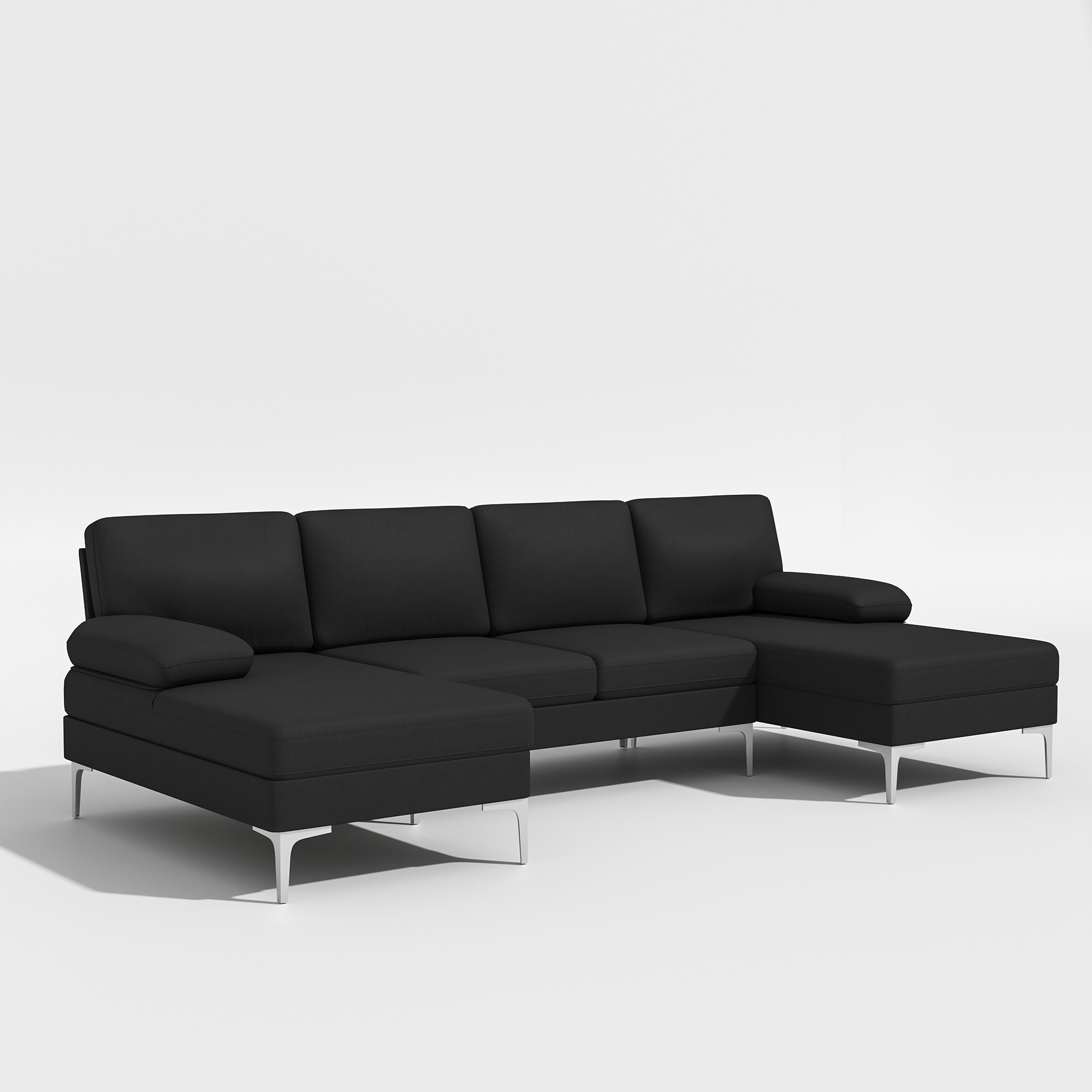 Spaco Mid-Modern Century U-Shape Sofa Sectional Couch Reversible Chenille Chaise Sleeper, Black