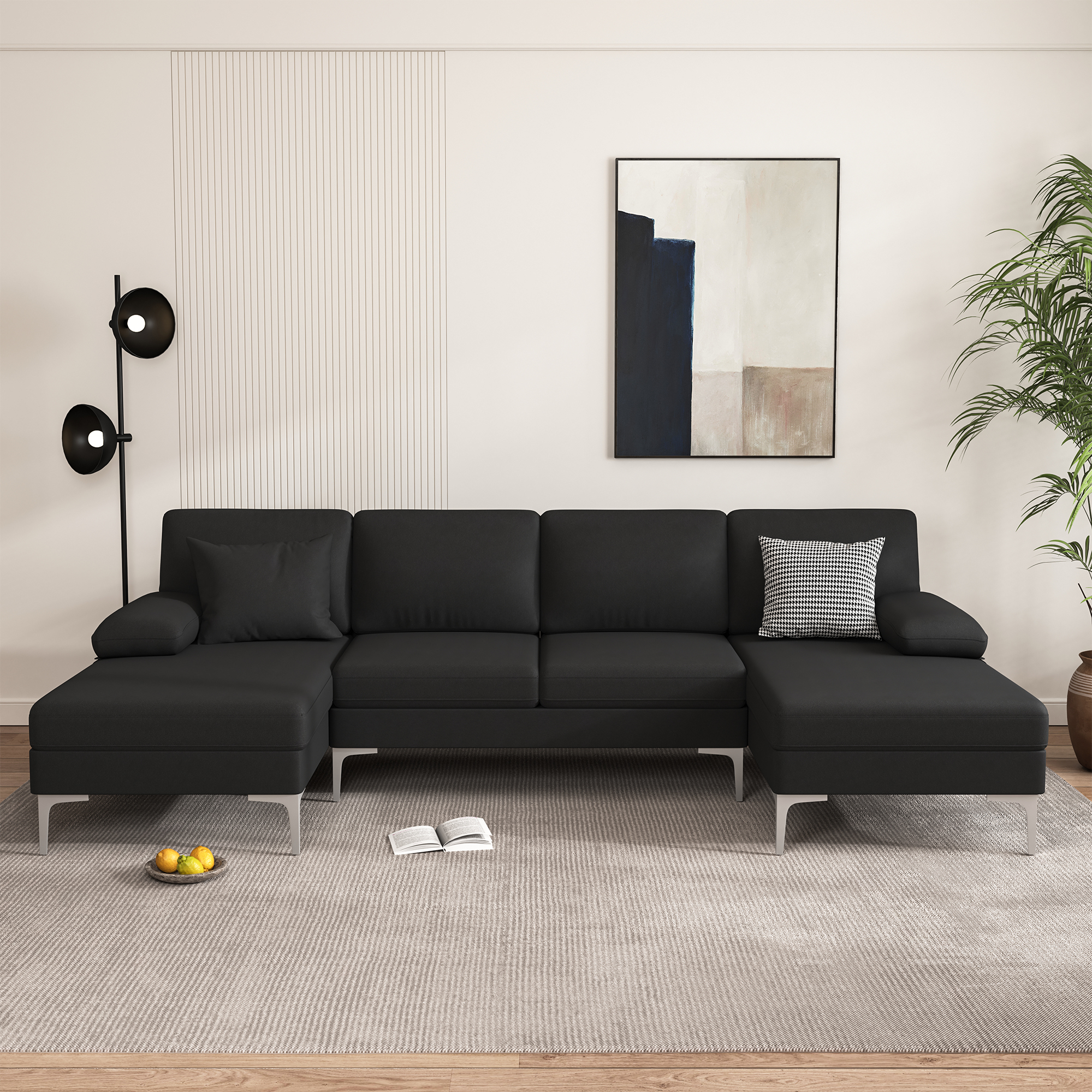 Spaco Mid-Modern Century U-Shape Sofa Sectional Couch Reversible Chenille Chaise Sleeper, Black