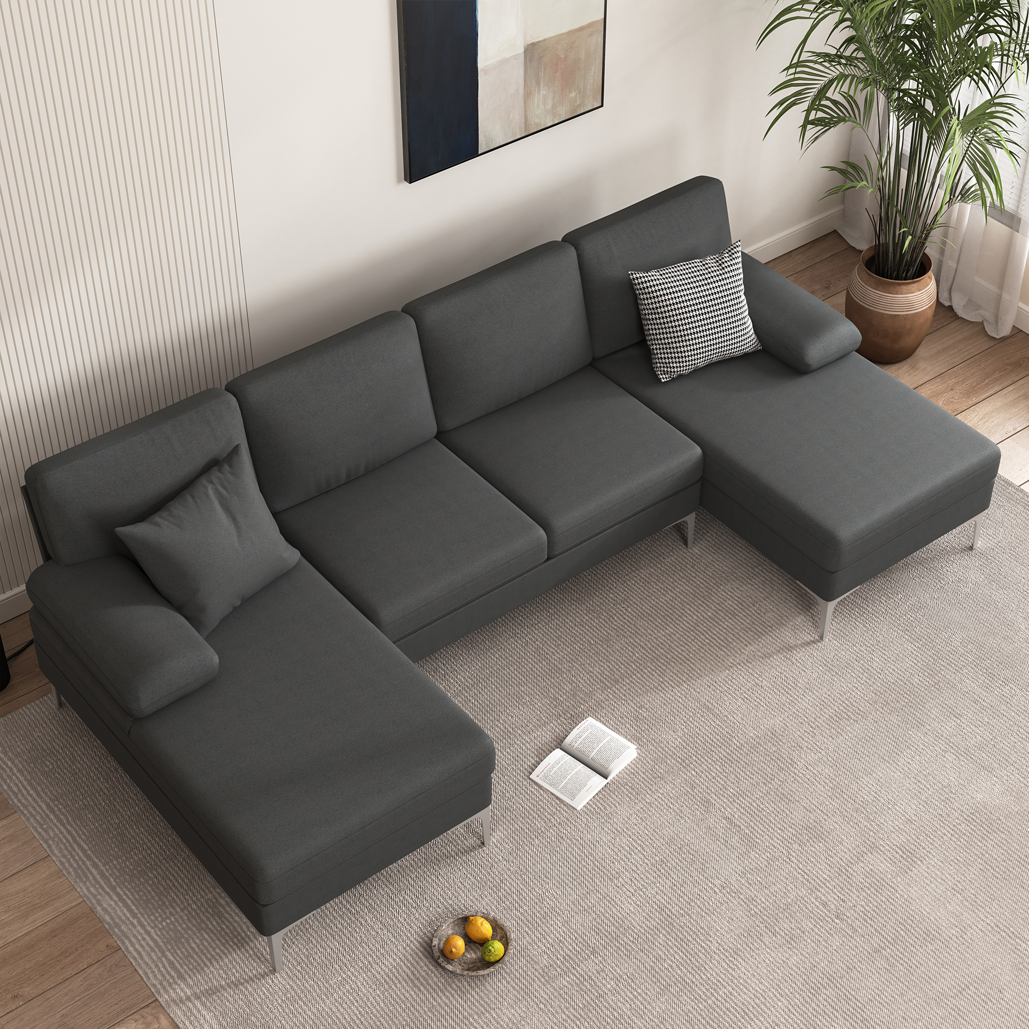 Spaco Mid-Modern Century U-Shape Sofa Sectional Couch Reversible Chenille Chaise Sleeper, Dark Gray