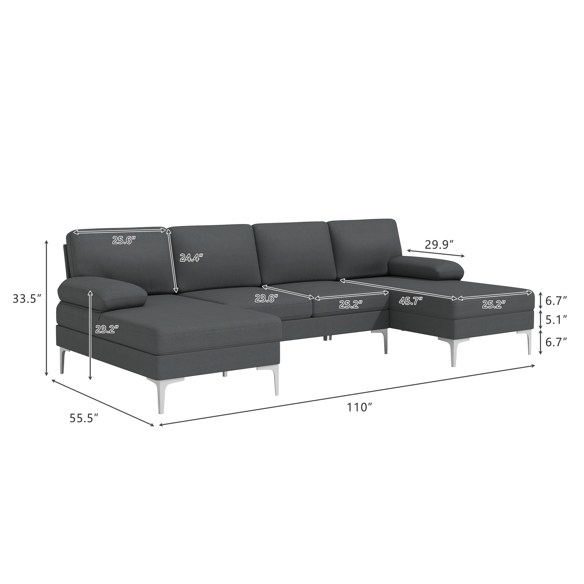 Spaco Mid-Modern Century U-Shape Sofa Sectional Couch Reversible Chenille Chaise Sleeper, Dark Gray