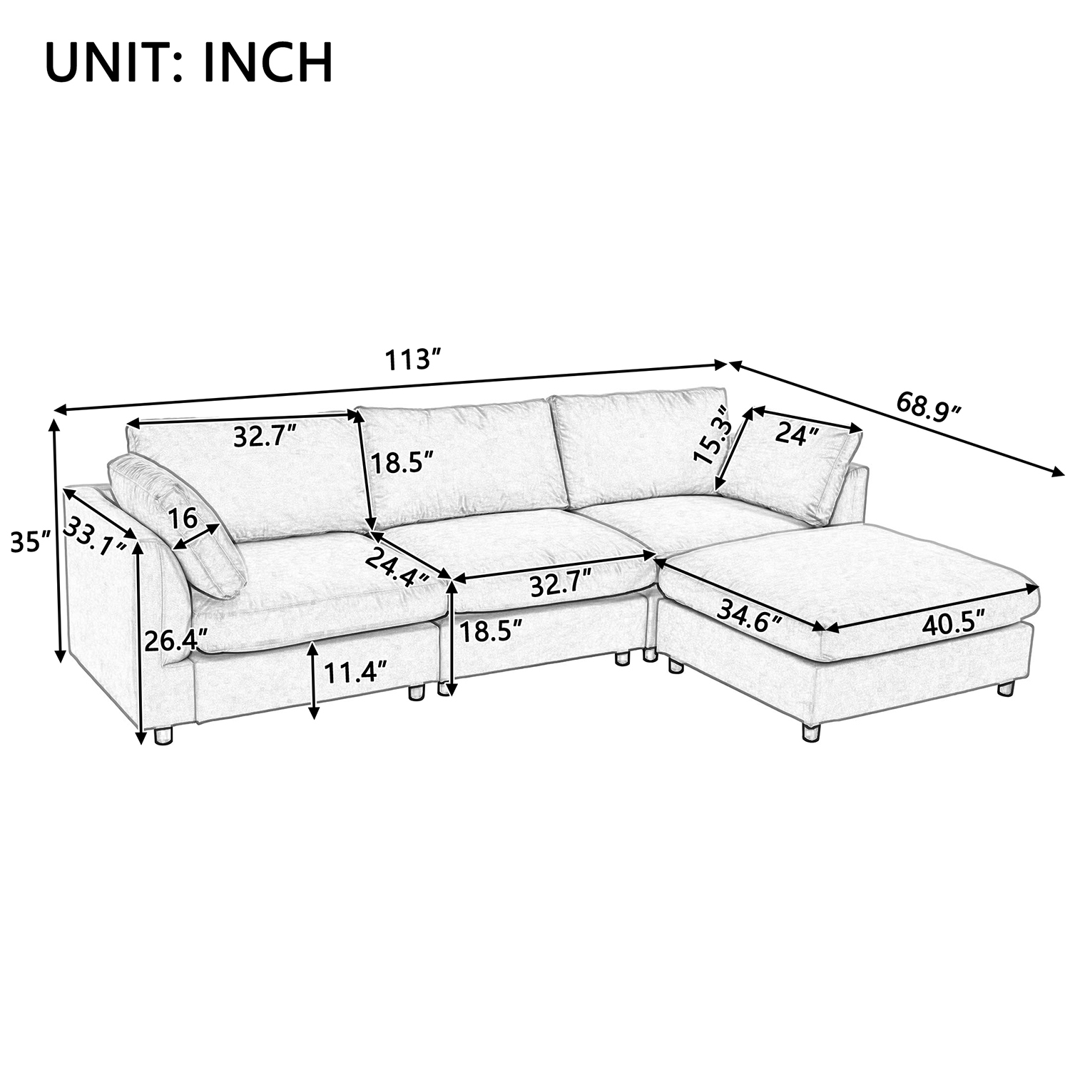 Spaco L-Shaped Couch Modern Beige Fabric 4-Seat Sofa Sectional with Reversible Chaise for Living Room, Grey