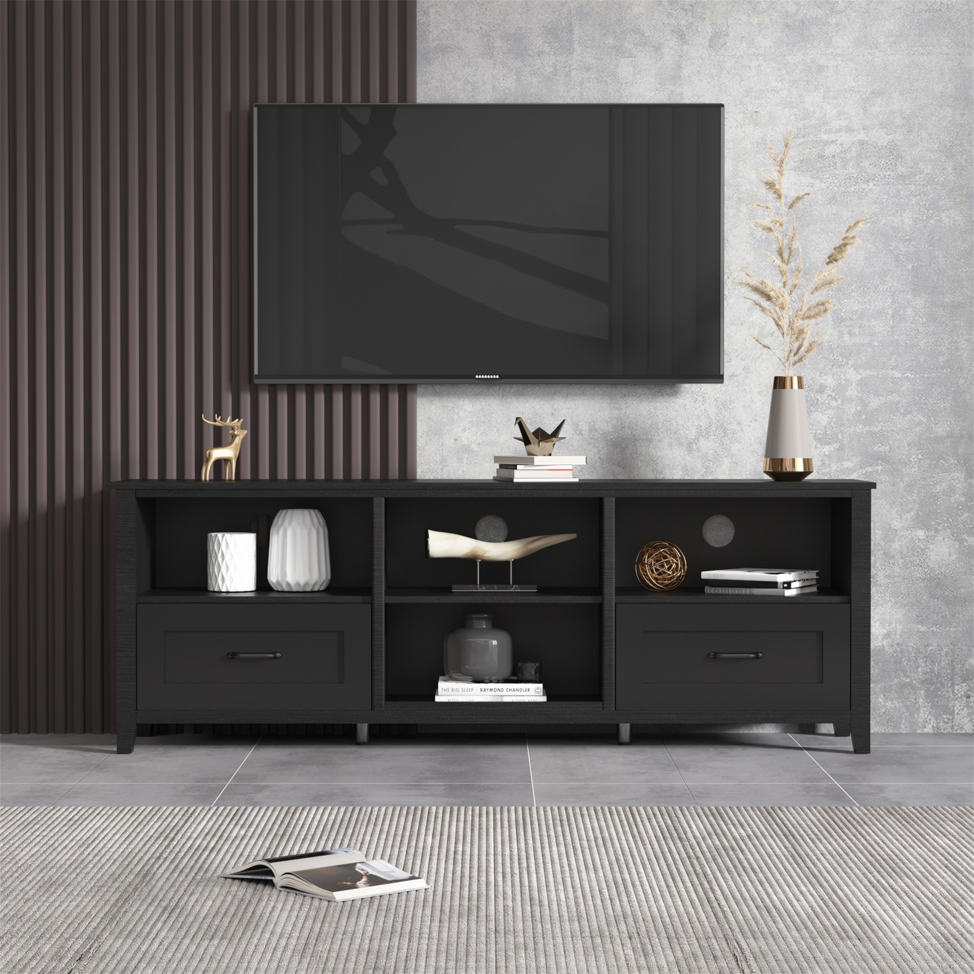 Kadyn 70.08" Black TV Stand, Entertainment Center TV Console for Living Room, TV Console Table with 2 Drawers and 4 High-Capacity Storage Compartment.