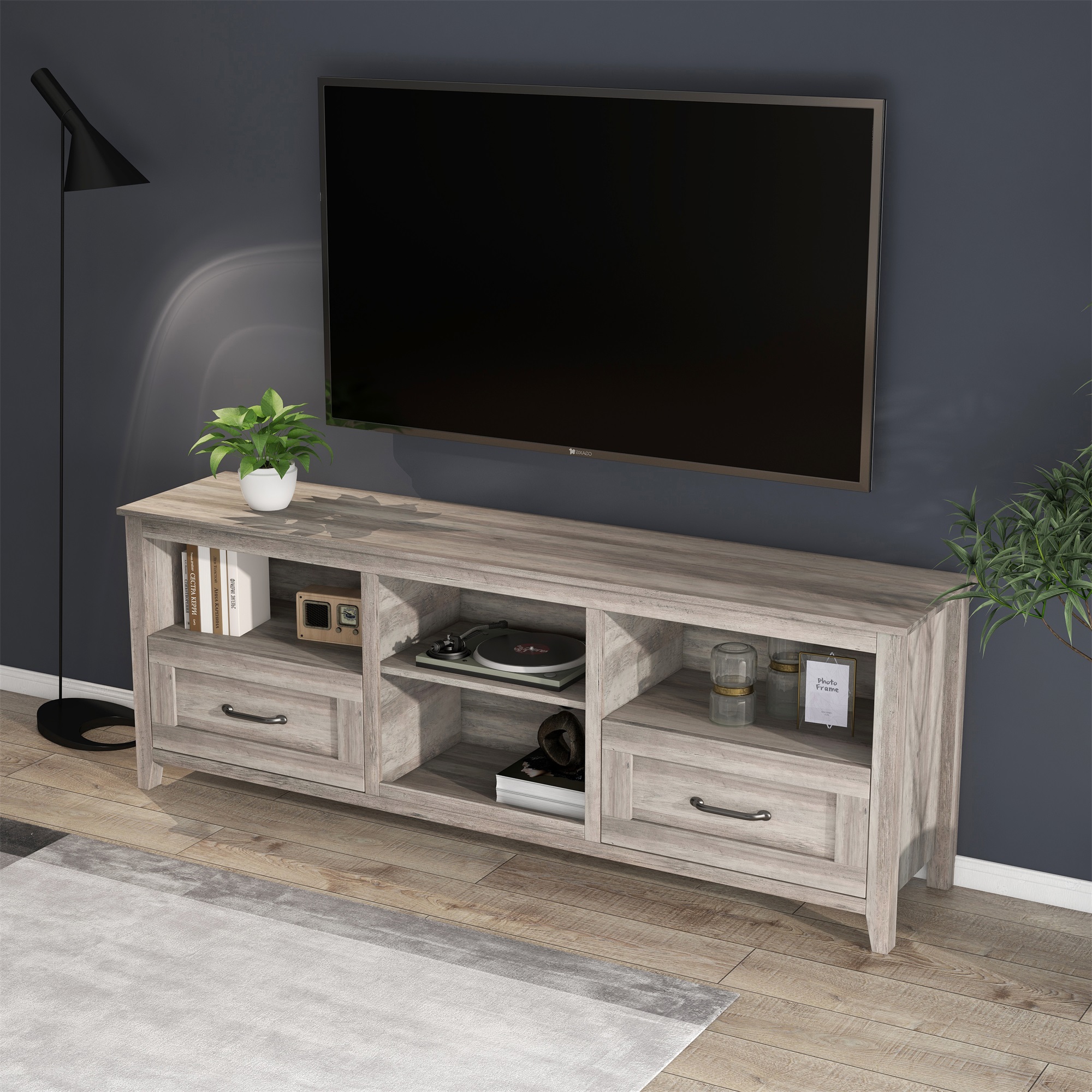 Kadyn 70.08" Grey TV Stand, Entertainment Center TV Console for Living Room, TV Console Table with 2 Drawers and 4 High-Capacity Storage Compartment.