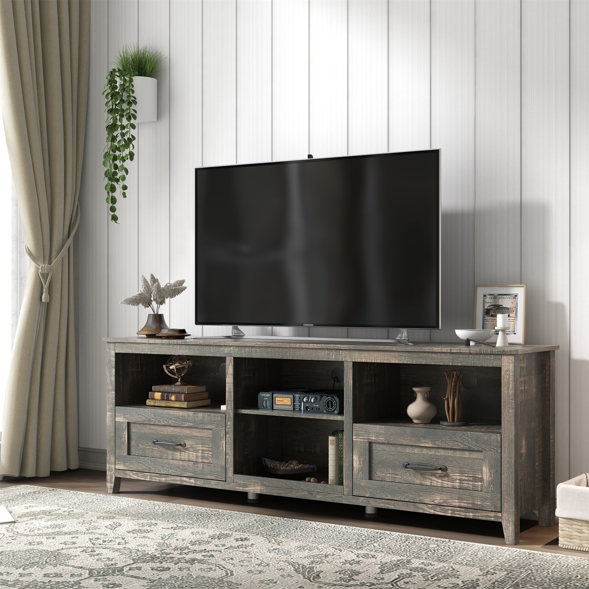 Spaco TV Stand with 2 Drawers Capacity Storage Entertainment Center for Living Room, Black Pine