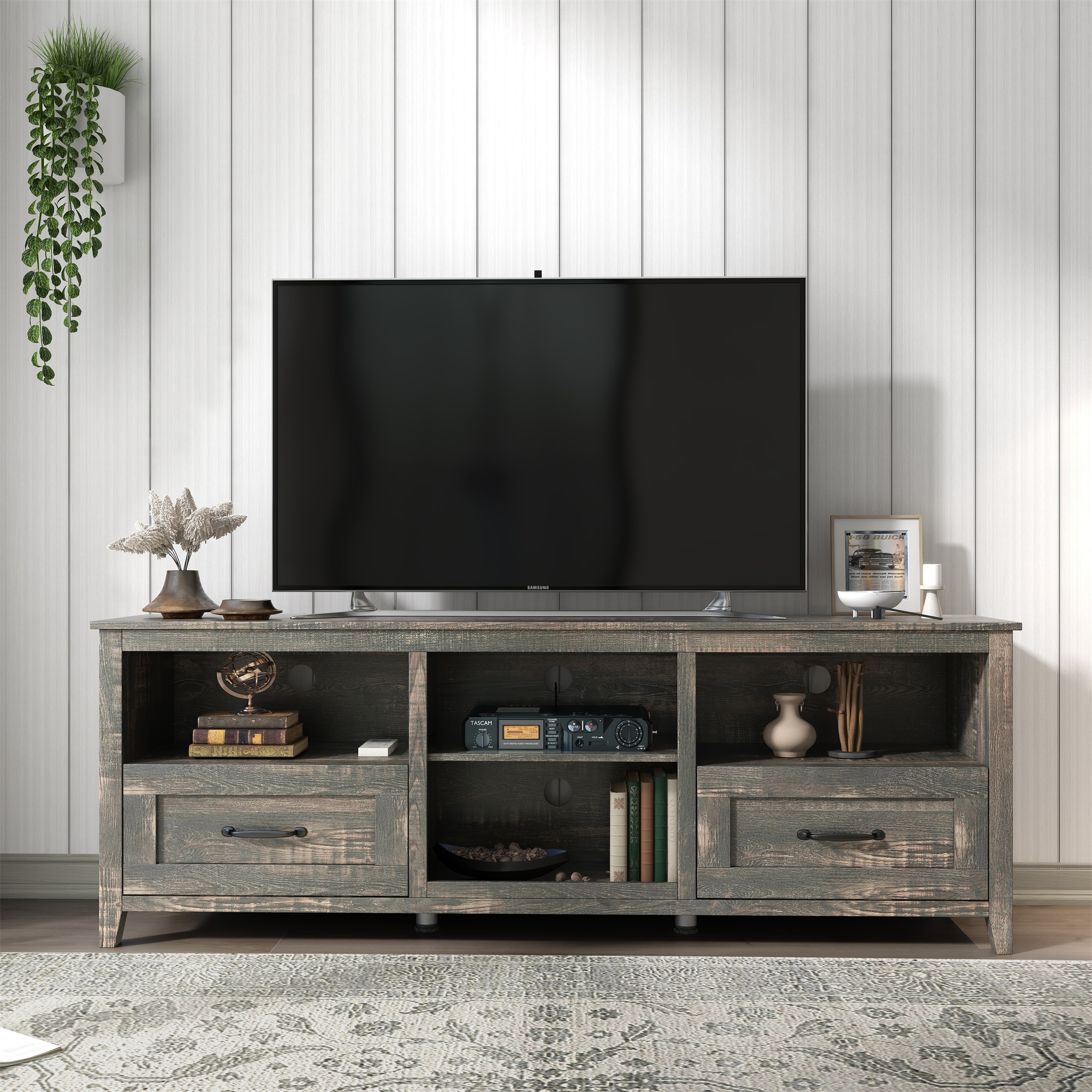 Spaco TV Stand with 2 Drawers Capacity Storage Entertainment Center for Living Room, Black Pine