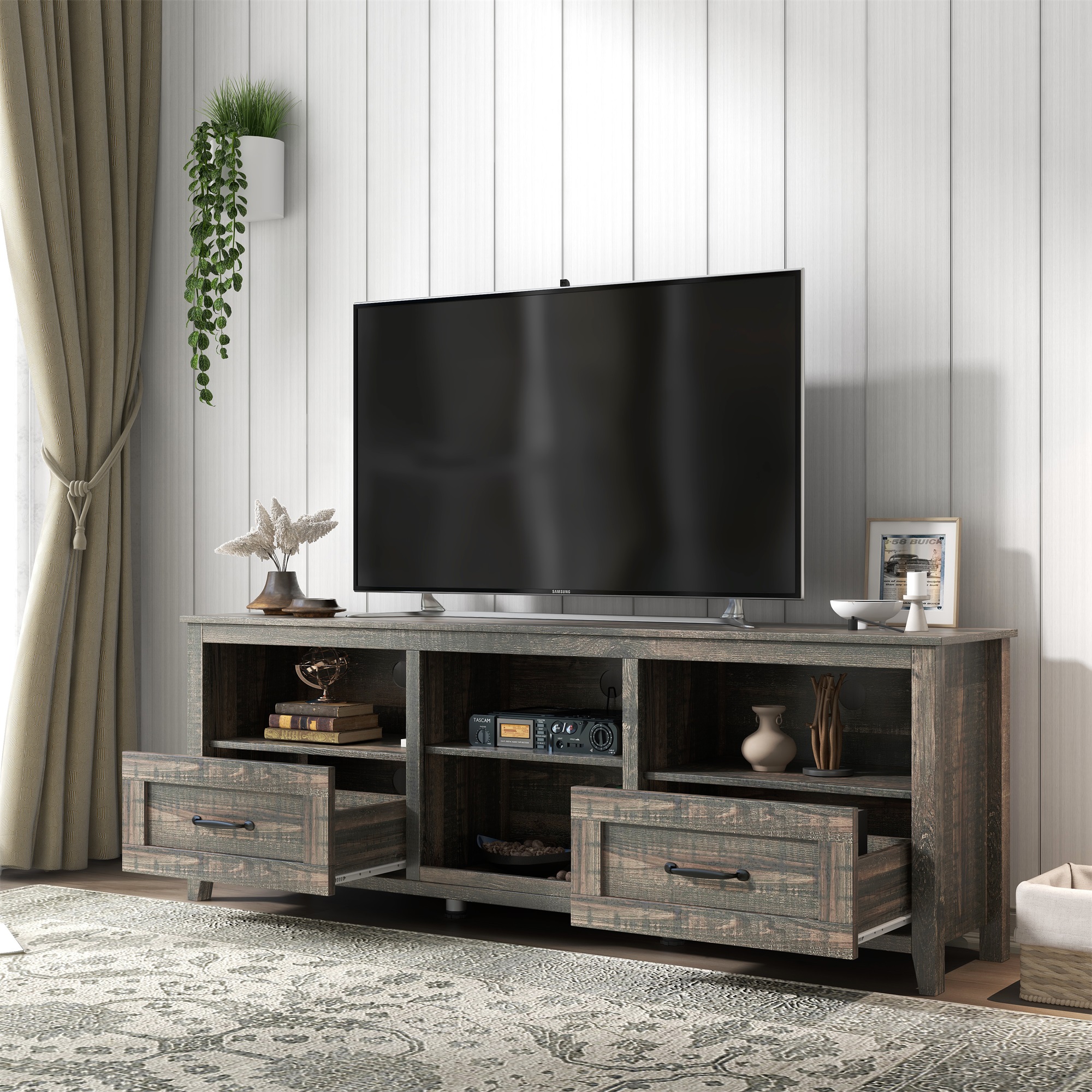 Spaco TV Stand with 2 Drawers Capacity Storage Entertainment Center for Living Room, Black Pine