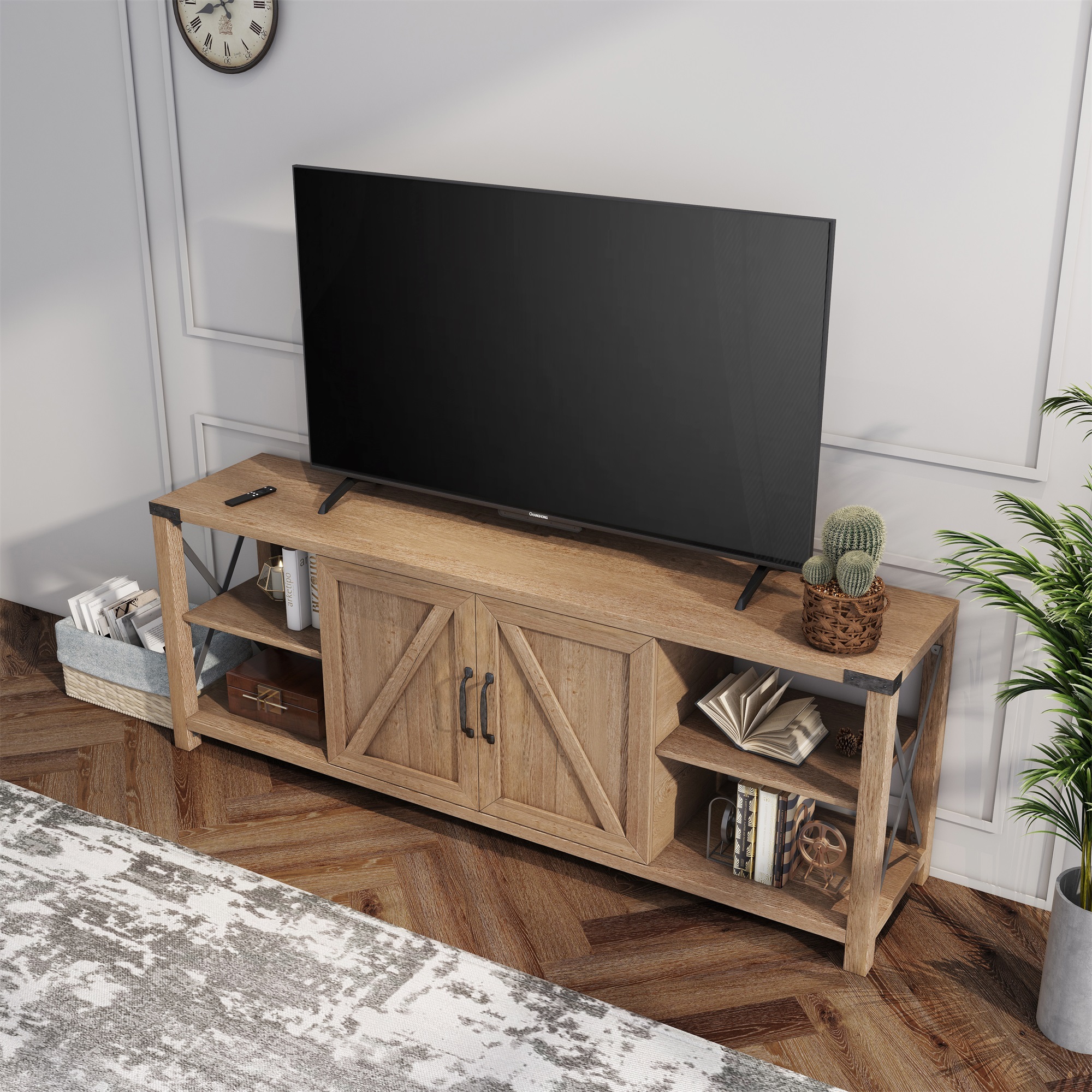 Kadyn TV Stand, Modern Entertainment Center for TVs up to 76", TV Console with Storage Cabinets and Shelves, Light Oak